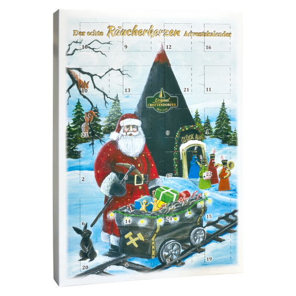 Der Räucherkerzen Adventskalender 2025 - Hochformat von Original Crottendorfer Räucherkerzen zeigt den Weihnachtsmann an einem Bergwerkswagen mit Geschenken und Räuchertüten, einen Hasen, einen Förderturm und verschneite Bäume im Hintergrund.