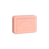 Ein rechteckiger, hellrosa Ovis Schafmilchseife Rose"-Riegel mit der Prägung SCHAFMILCHSEIFE und dem Umriss eines Schafs auf der Vorderseite, das für seine hautpflegenden Eigenschaften bekannt ist.
