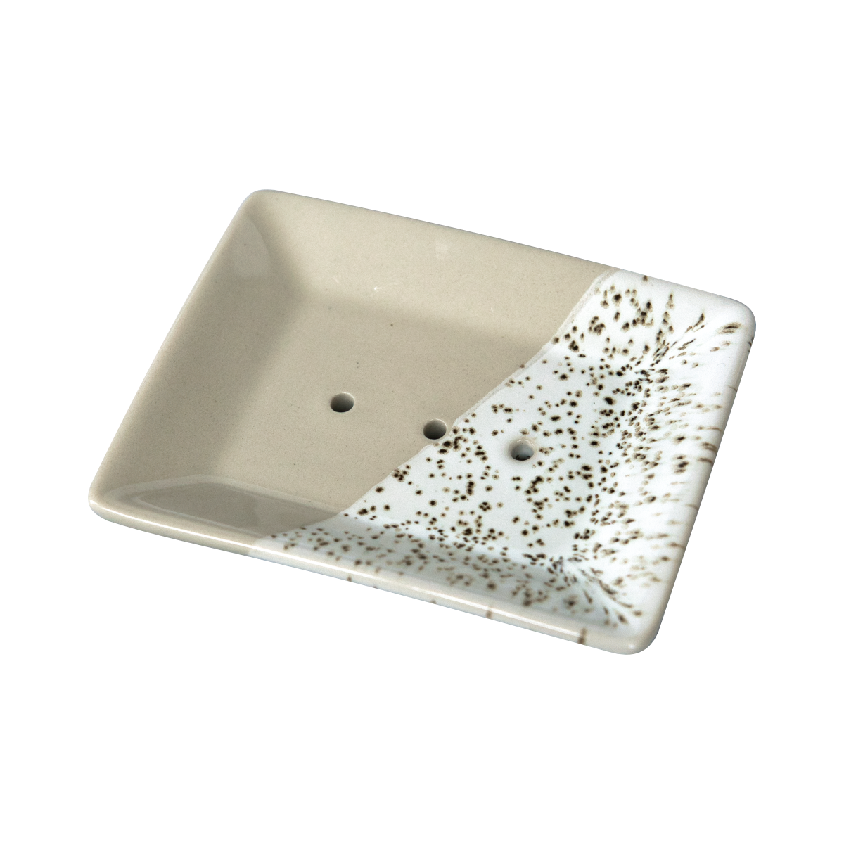 Ovis Porzellanseifenschale eckig, fleckig: Beige Seifenschale mit zwei Ablauföffnungen und einer stilvollen weiß-braun gefleckten Ecke - perfekt für jedes Badezimmer.