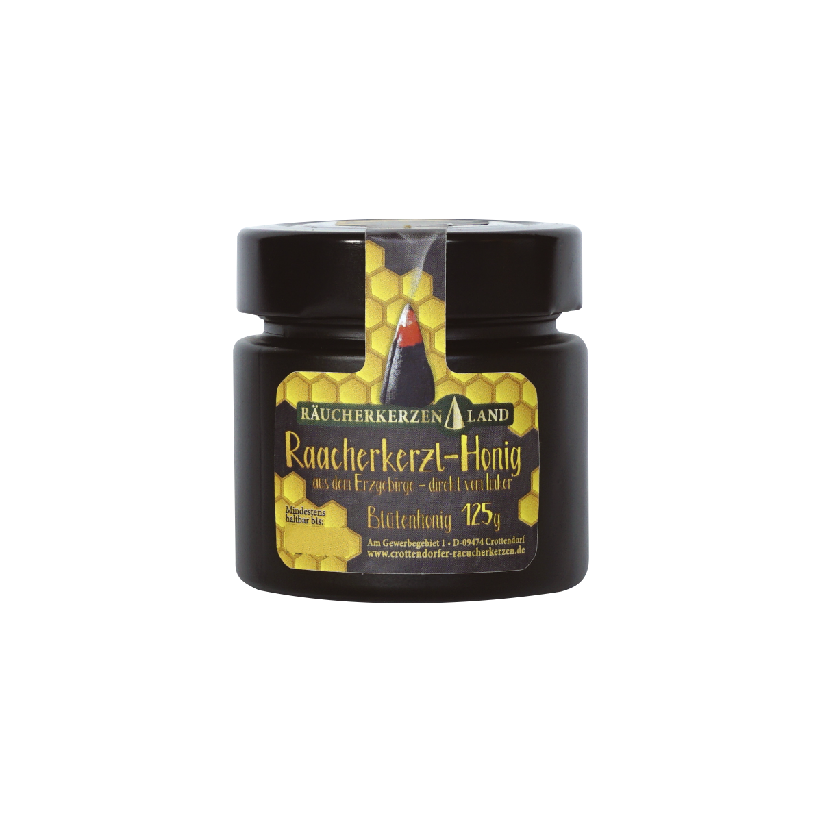 Ein 125g schwarzes Glas Original Crottendorfer Raacherkerzl-Honig zeichnet sich durch ein Wabenmuster, eine Bienenillustration, einen deutschen Text, einen schwarzen Deckel und seine antibakterielle Wirkung aus. Dieser Blütenhonig stammt aus dem Erzgebirge.