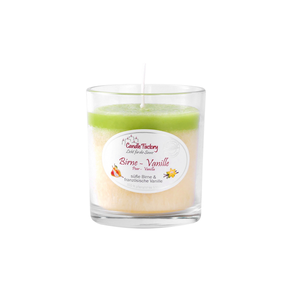 Das Party Light „Birne-Vanille“ von The Candle Factory ist eine zweischichtige Glaskerze aus pflanzlichem Stearin. Mit einer cremefarbenen Unterseite, einer blassgrünen Oberseite und Bildern einer Birne und einer Vanilleblüte bietet sie einen nachhaltigen Birnen-Vanille-Duft, der perfekt für Ihr Zuhause ist.