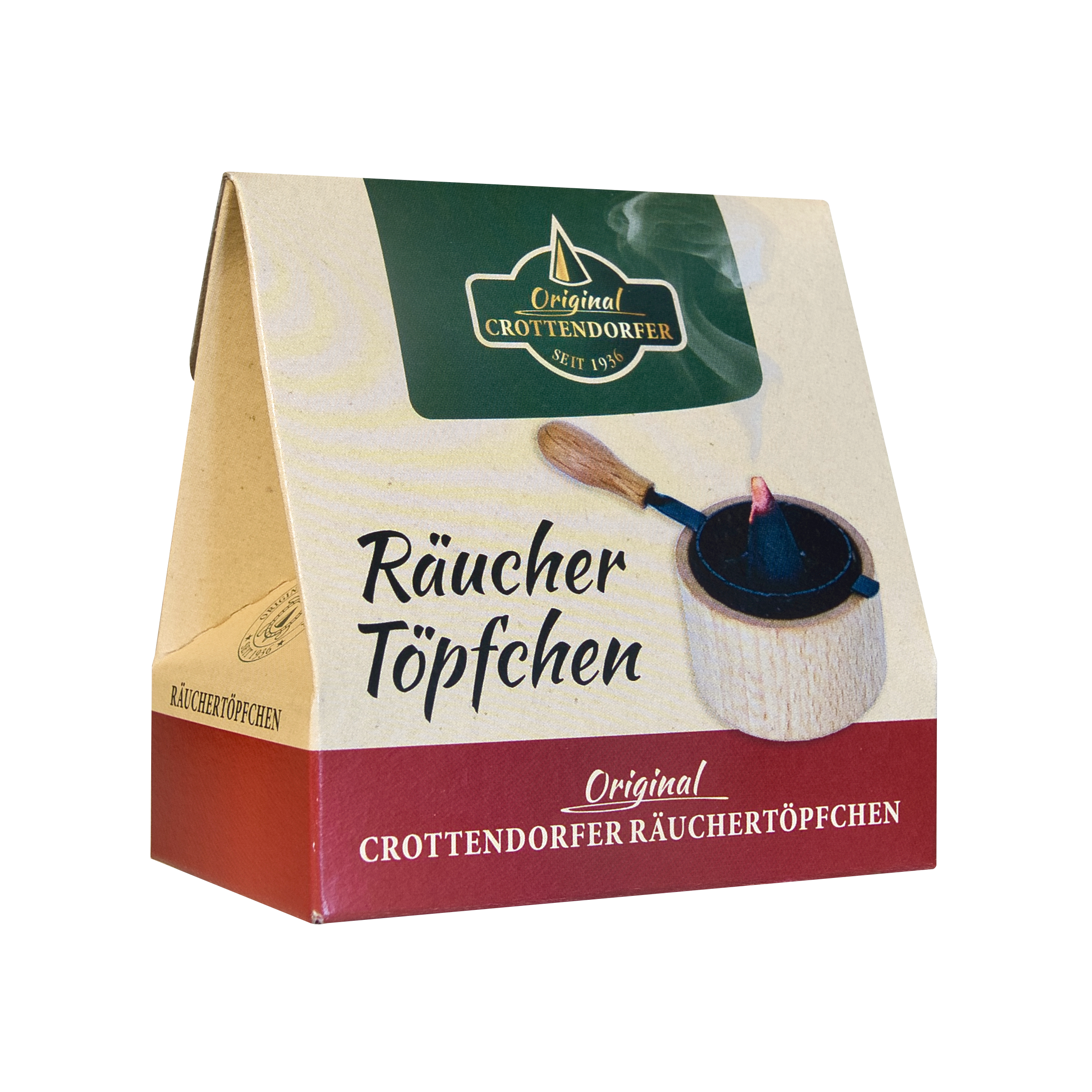 Eine Kartonpackung „Räuchertöpfchen“ von Original Crottendorfer Räucherkerzen zeigt die Abbildung eines Räuchergefäßes mit Holzgriff und Metallsieb sowie einen deutschen Text, der die Essenz des traditionellen Weihrauchs zusammenfasst.