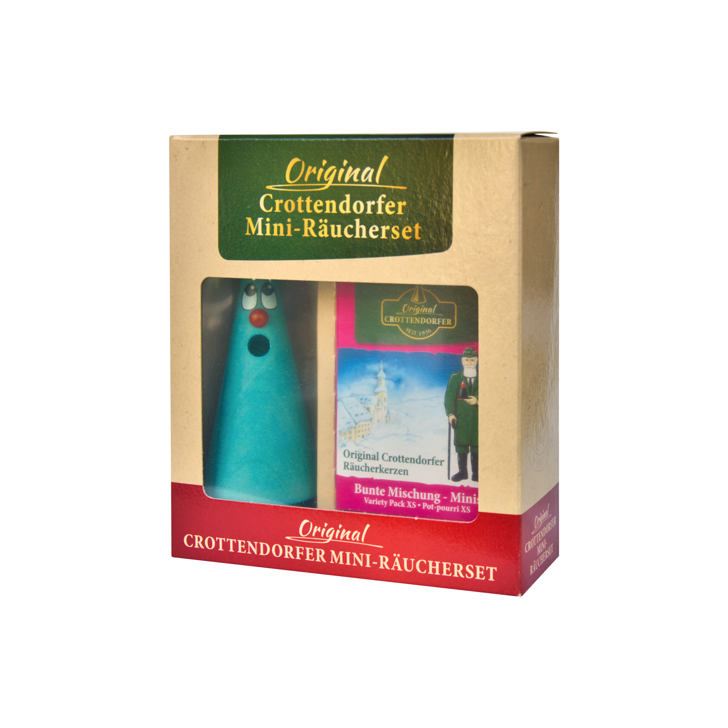 Das „Mini-Räucherset ‚Leo Lavendel‘“ von Original Crottendorfer Räucherkerzen besticht durch einen verspielten blauen, kegelförmigen Räucherstövchen mit überraschendem Blick. Es enthält verschiedene Mini-Räucherkerzen und die Abbildung einer Figur in Tracht, die ein herrliches Dufterlebnis verspricht.