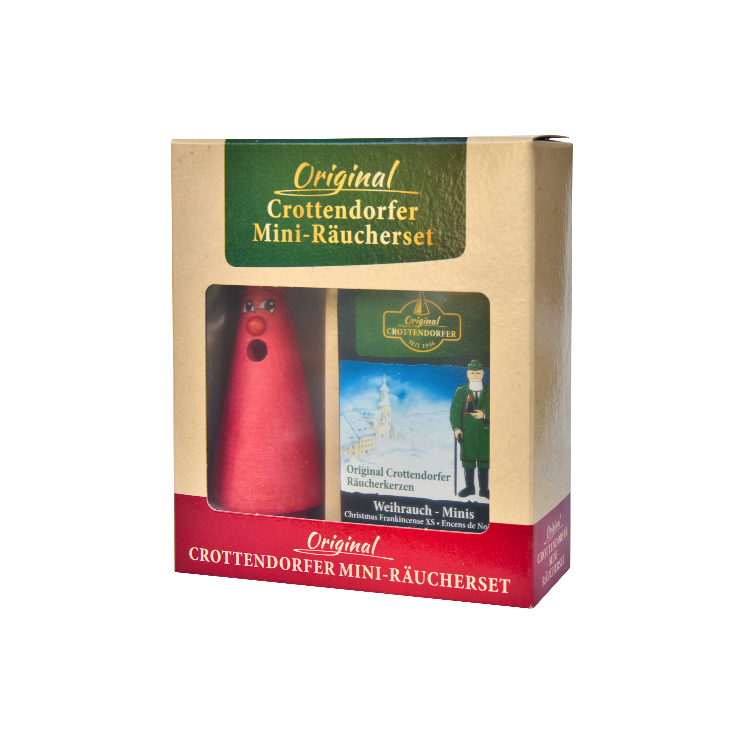 Die Verpackung zeigt ein rotes, kegelförmiges Räuchermännchen und Mini-Räucherkegel. Das Etikett „Mini-Räucherset ‚Romy Rose‘“ von Original Crottendorfer Räucherkerzen ist mit weihnachtlichen Motiven und deutschem Text verziert. Ideal, um weihnachtliche Weihrauch-Momente zu genießen.