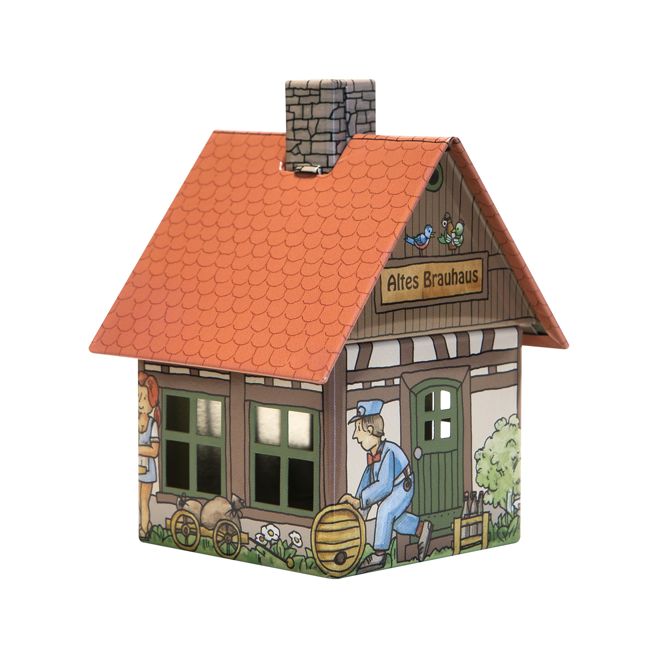 Das Räucherhäuschen Brauhaus von Original Crottendorfer Räucherkerzen ist ein charmantes kleines Haus mit rotem Dach, Steinkamin und dem Schild „Altes Brauhaus“. Eine Person füllt ein Fass neben aufgemalten Blumen- und Wagendetails, das einem Räucherkerzenhalter ähnelt, um Duftaromen herzustellen.