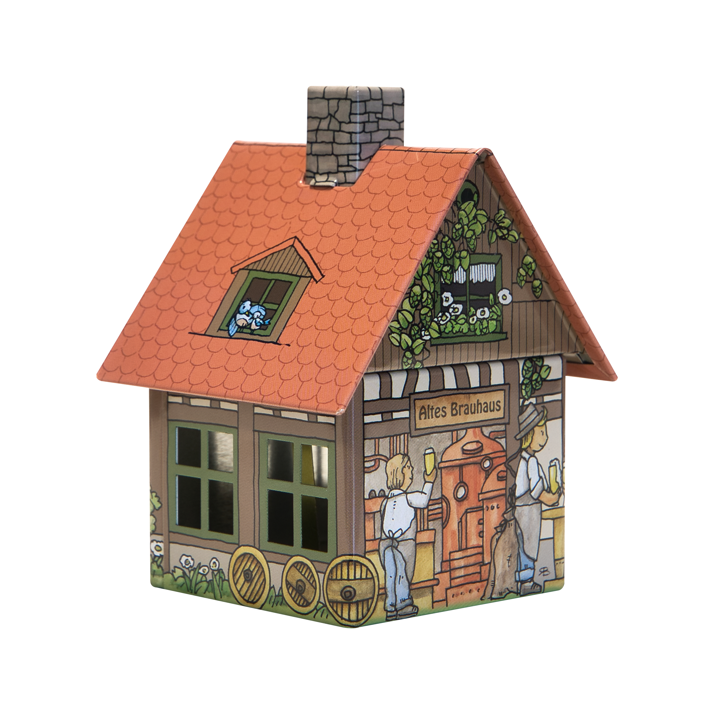 Das Räucherhäuschen Brauhaus der Original Crottendorfer Räucherkerzen ist ein dekoratives Keramikhaus im deutschen Stil mit rotem Ziegeldach und Abbildungen von Menschen, Fässern und Laub. Das Schild trägt die Aufschrift „Altes Brauhaus“ und eignet sich ideal als Räucherkerzenhalter, um Ihren Räumen herrliche Düfte zu verleihen.