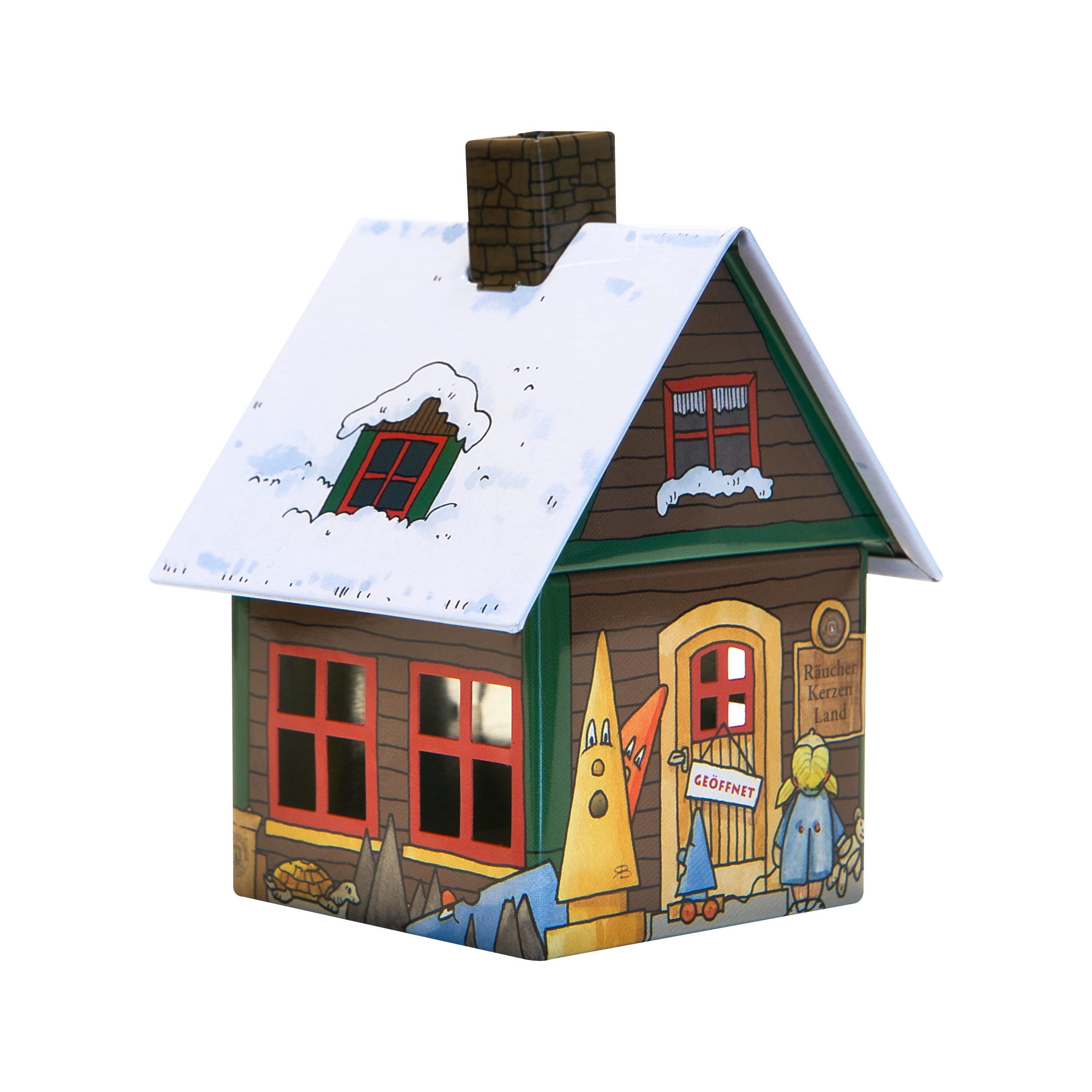 Das Räucherhäuschen Räucherkerzenland von Original Crottendorfer Räucherkerzen ist ein bezauberndes Miniaturhaus, das als Räucherkerzenhalter dient und über ein schneebedecktes Dach, lebendige Illustrationen, einen Schornstein, rote Fensterrahmen, ein Türschild und farbenfrohe Cartoonfiguren mit Bäumen an der Außenseite verfügt.