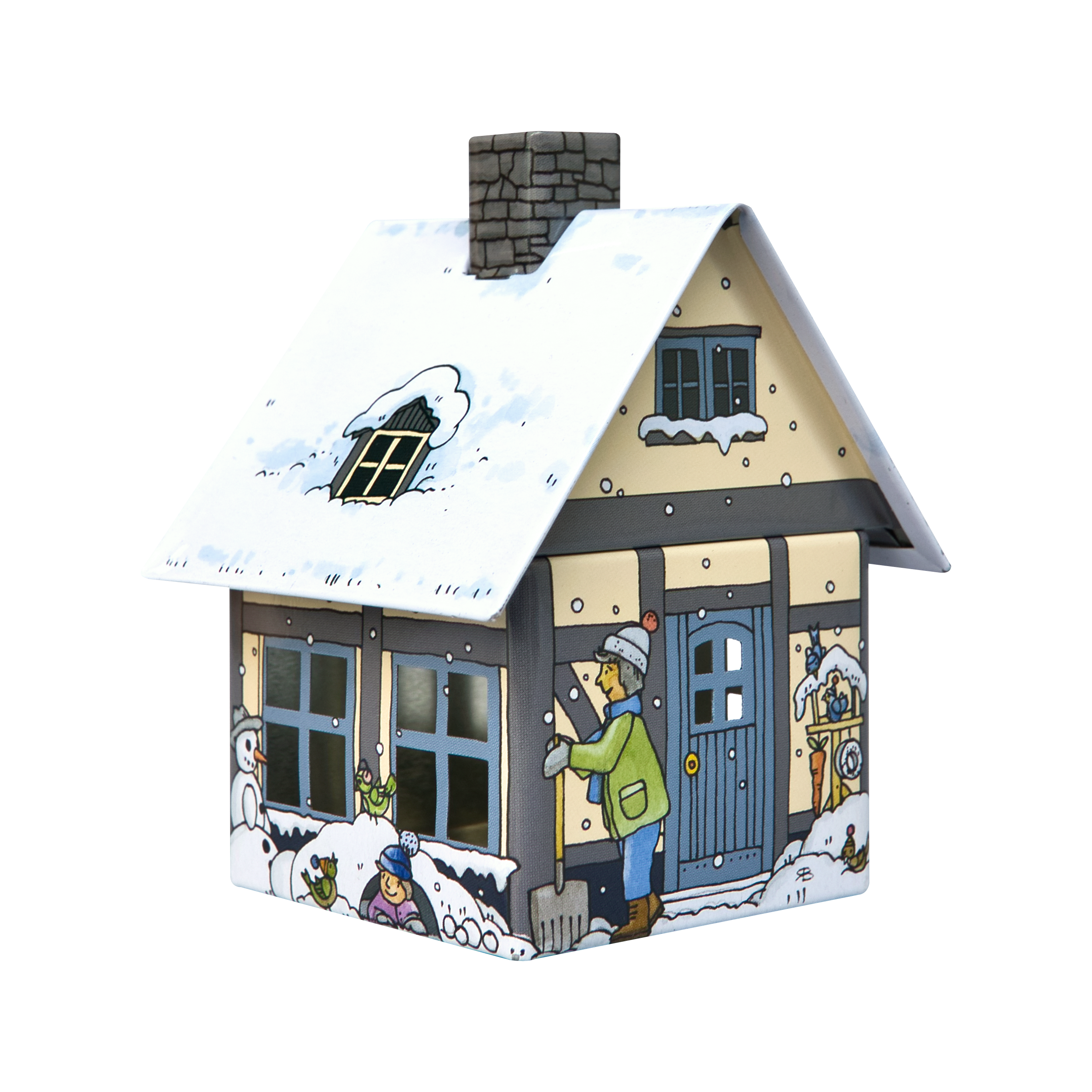 Eine cartoonartige Illustration des Räucherhäuschens Winterfreude von Original Crottendorfer Räucherkerzen zeigt ein kleines Haus mit schneebedecktem Dach und blauer Tür. Rauch steigt aus dem Schornstein und verstärkt die festliche Stimmung, während in der Nähe jemand in Winterkleidung einen Schneemann baut.
