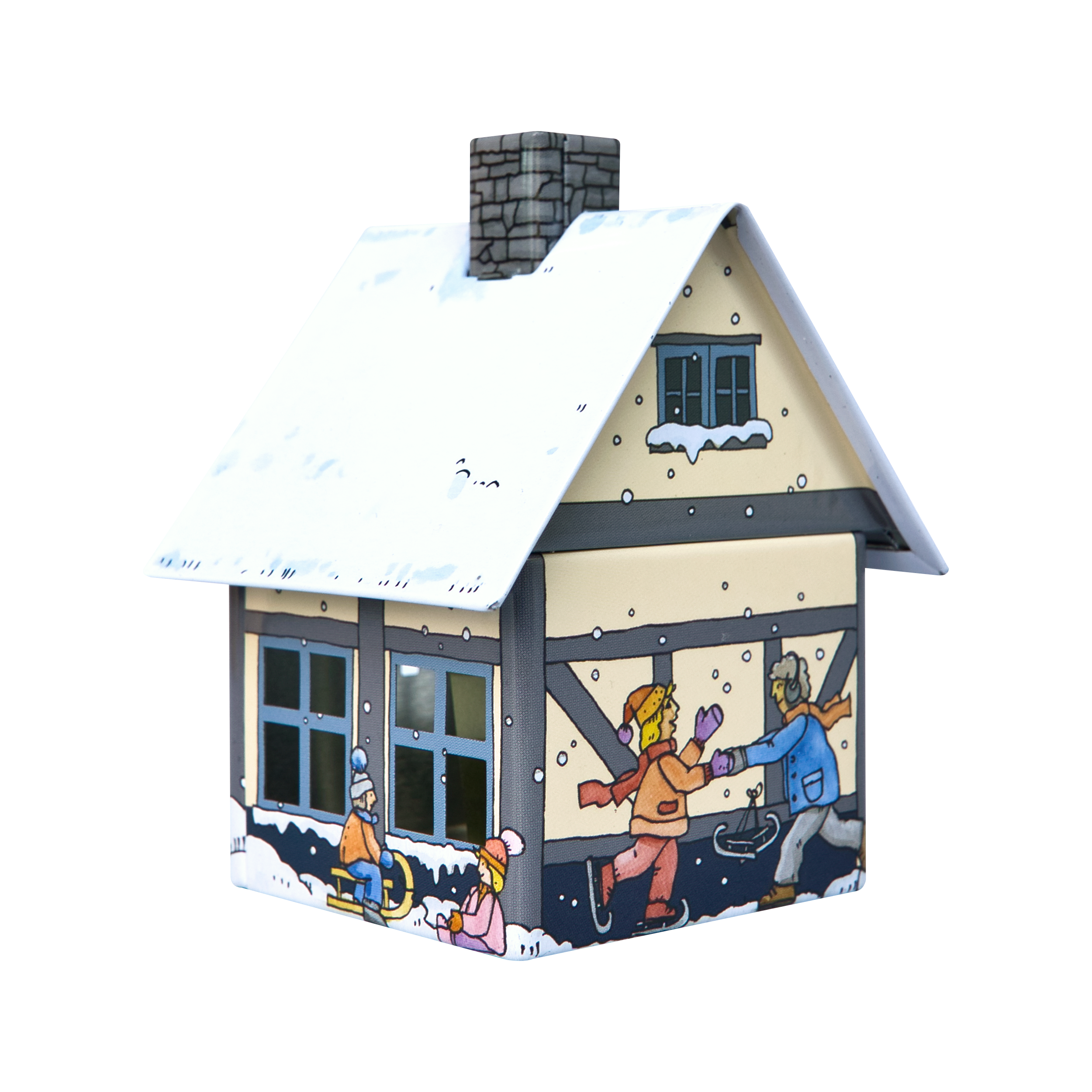 Das Räucherhäuschen Winterfreude von Original Crottendorfer Räucherkerzen ist ein uriges, schneebedecktes Spielzeughaus mit farbenfrohen Abbildungen von Schlittschuhläufern und spielenden Kindern. Es verfügt über einen Schornstein und blau umrandete Fenster und dient gleichzeitig als Räucherkerzenhalter.