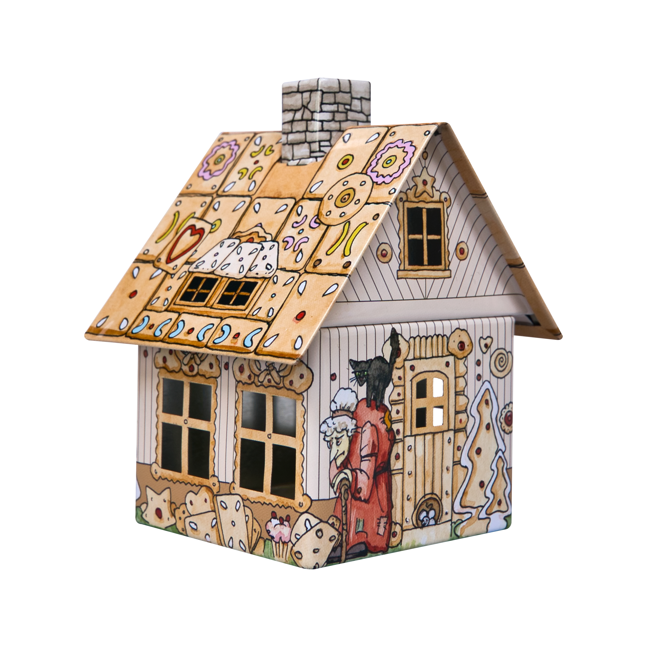 Das Räucherhäuschen Hänsel & Gretel von Original Crottendorfer Räucherkerzen ist ein farbenfrohes Lebkuchenhaus mit Ziegeldach, aufwendigen Mustern und einem Schornstein. An der Seite steht eine Figur mit einem Lamm, ergänzt durch dekorative Bäume und Herzen entlang der Wände.