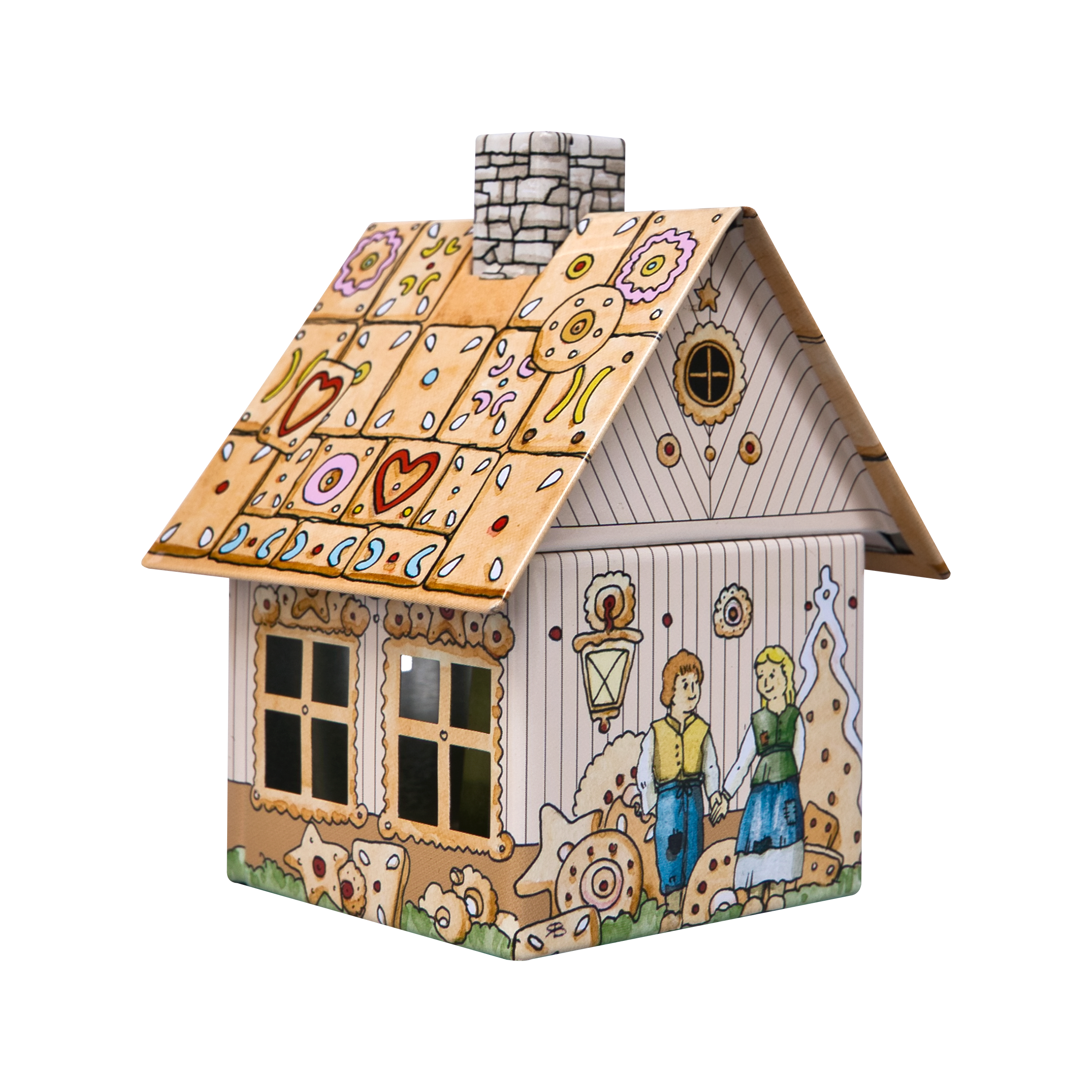 Das Räucherhäuschen Hänsel & Gretel von Original Crottendorfer Räucherkerzen ist ein farbenfrohes, bemaltes Lebkuchenhausmodell mit Süßigkeitenmotiven und Schornstein. Es zeigt einen Jungen und ein Mädchen in traditioneller Kleidung, umgeben von Herz- und Blumenmustern auf einem metallischen Räucherkerzenhalter.