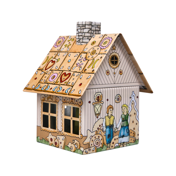 Das Räucherhäuschen Hänsel & Gretel von Original Crottendorfer Räucherkerzen ist ein farbenfrohes, bemaltes Lebkuchenhausmodell mit Süßigkeitenmotiven und Schornstein. Es zeigt einen Jungen und ein Mädchen in traditioneller Kleidung, umgeben von Herz- und Blumenmustern auf einem metallischen Räucherkerzenhalter.