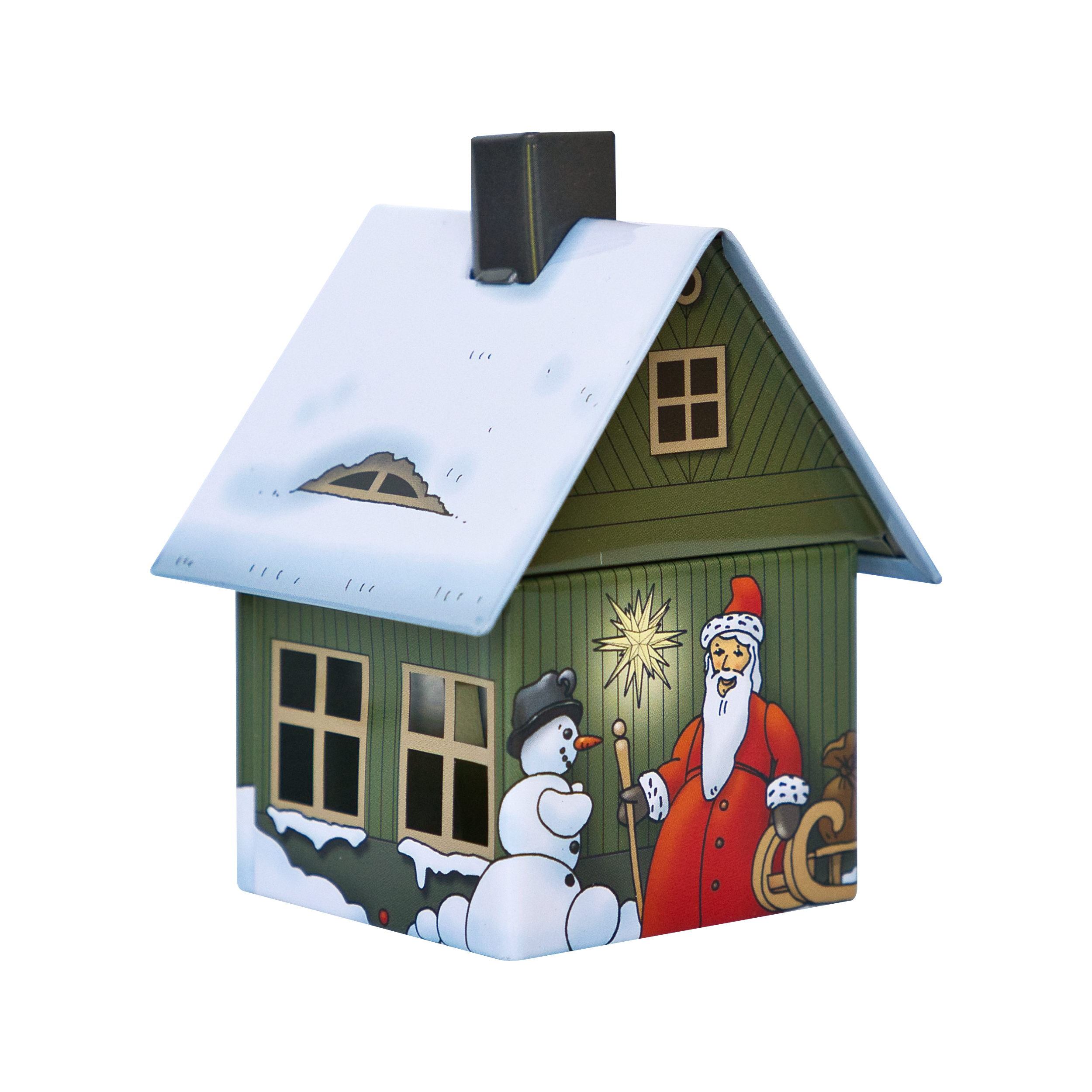 Das Räucherhäuschen Weihnachten von Original Crottendorfer Räucherkerzen ist eine Metalldose in Form eines verschneiten Hauses mit Winterszenen mit einem Schneemann und einer Figur in einem roten Mantel. Es verfügt über detaillierte Fenster und einen Kamin und fungiert als Räucherkerzenhalter.