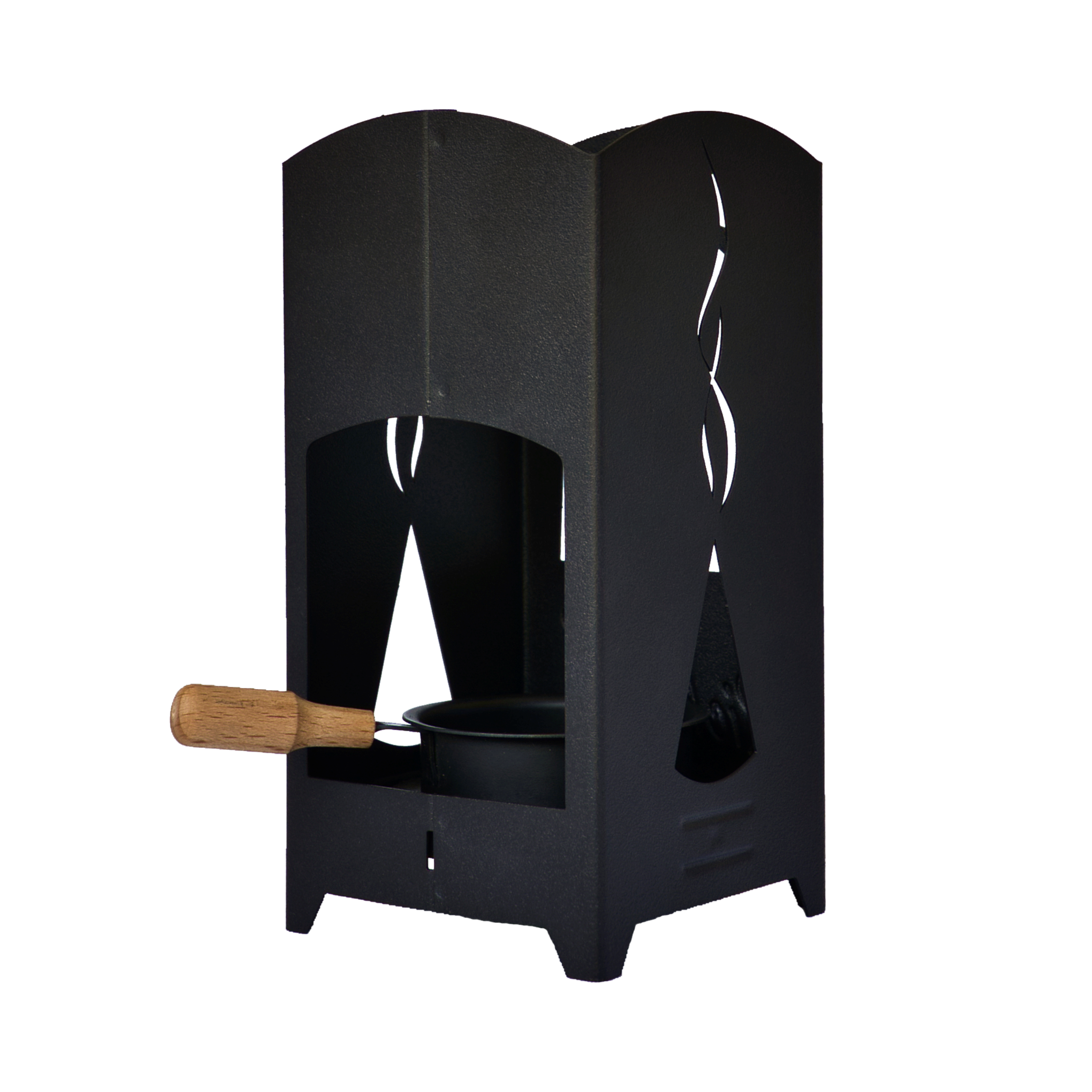 Die Räucherlaterne „Räucherkerze“ von Original Crottendorfer Räucherkerzen ist eine schwarze Metall-Kochplatte mit einem Topf mit Holzgriff, ideal zum Eintopfkochen und als Räucherkerzenhalter. Ihre hohe rechteckige Struktur hat ausgestanzte Formen und verbindet Funktion mit Flair.