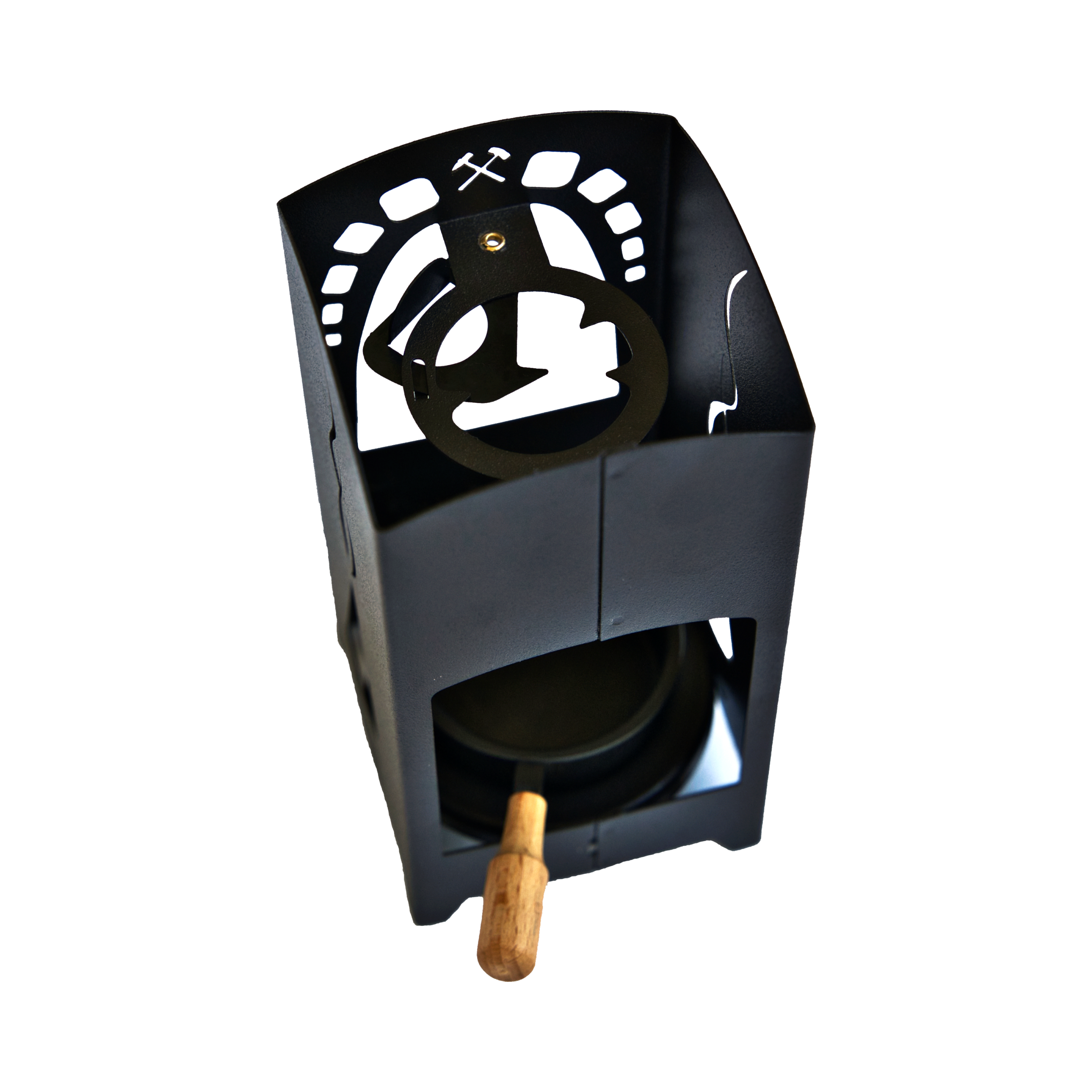 Die Räucherlaterne „Räucherkerze“ von Original Crottendorfer Räucherkerzen ist ein schwarzer, zylindrischer Metallofen mit aufwendigen Ausschnittmustern und einem Holzgriff. Er hat oben eine runde Öffnung für Teelichter und hebt sich elegant vom schwarzen Hintergrund ab.