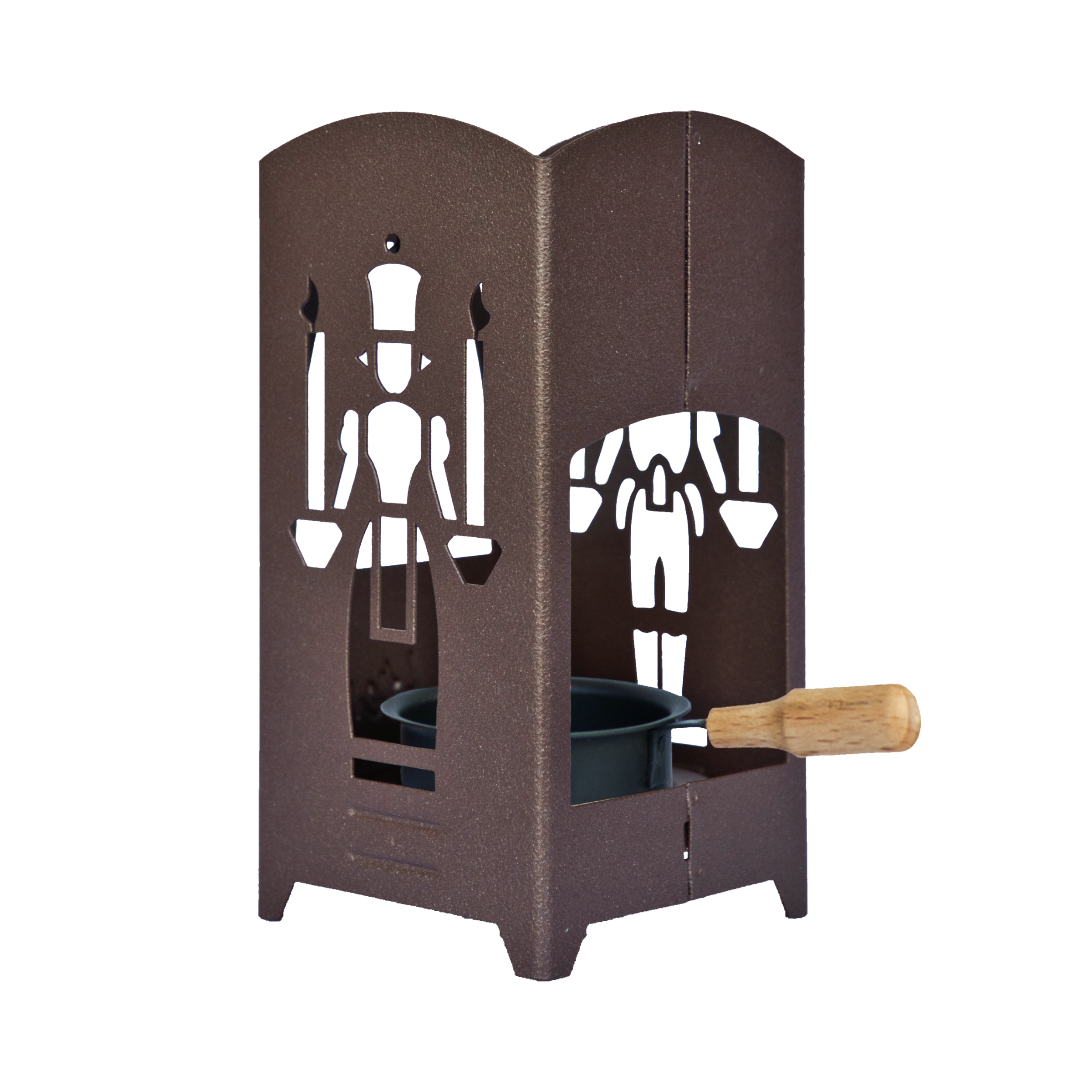 Die Räucherlaterne „Bergmann/Engel“ aus braunem Metall von Original Crottendorfer Räucherkerzen zeigt ausgeschnittene Silhouetten von Kerzen haltenden Figuren und enthält einen kleinen schwarzen Topf mit Holzgriff, ideal als markanter Räucherkerzenhalter.
