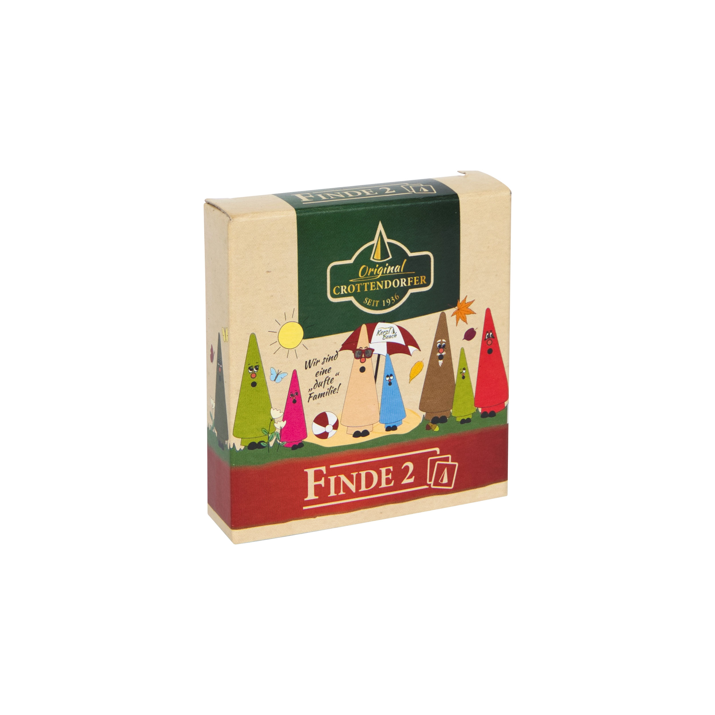 Die Räucherkegel Spiel „Finde2“ von Brettschneider Verpackungen GmbH zeigen ein Memospiel-Motiv mit kegelförmigen Figuren in Hüten. Auf der Oberseite ist ein Logo zu sehen, auf der Vorderseite lädt „Finde 2“ zum Spielen ein. Die lebendigen Grün- und Rottöne unterstreichen das verspielte Bildpaare-Design.