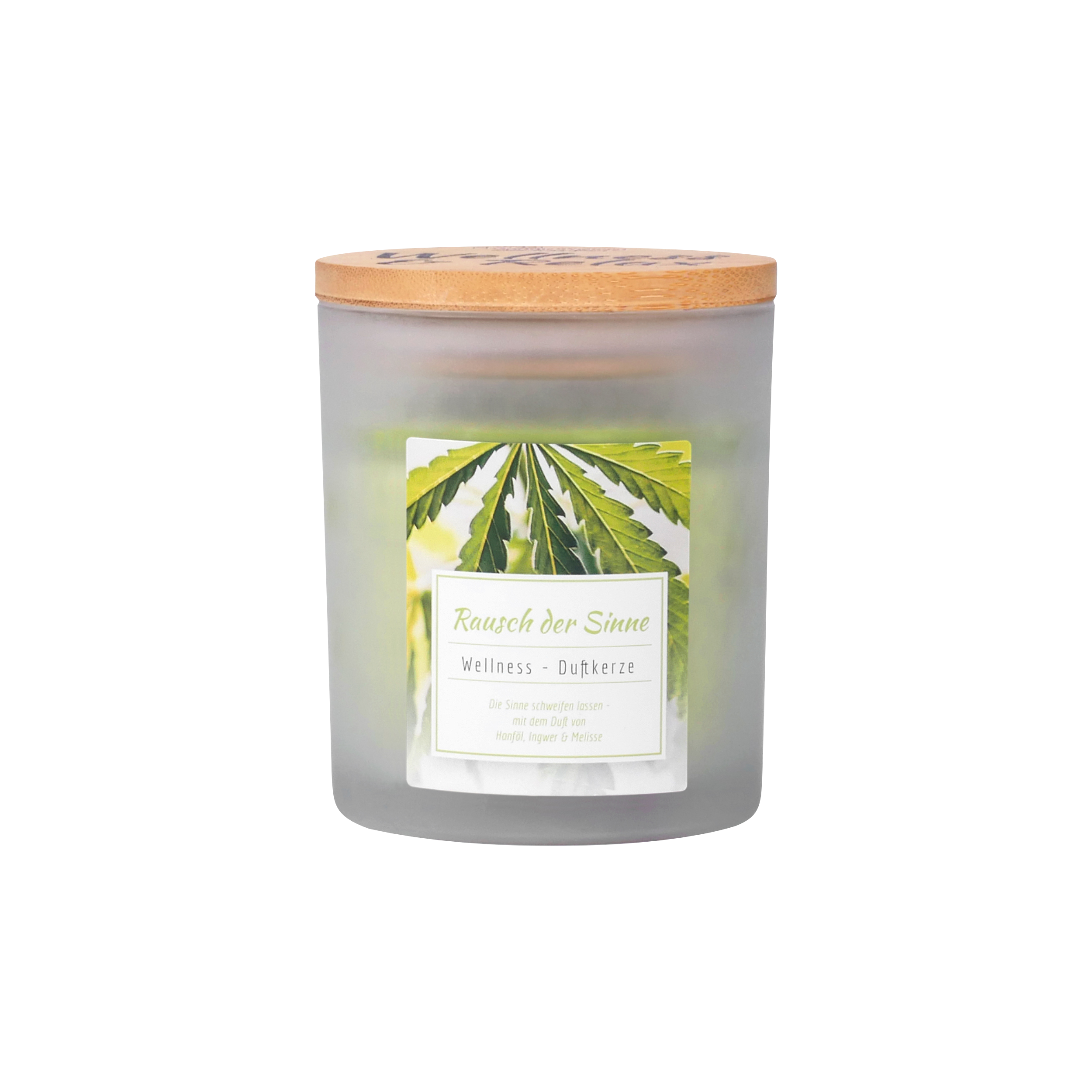 Ein Milchglas-Kerzengefäß mit Holzdeckel von Candle Factory. Auf dem Etikett steht Wellness-Duftkerze