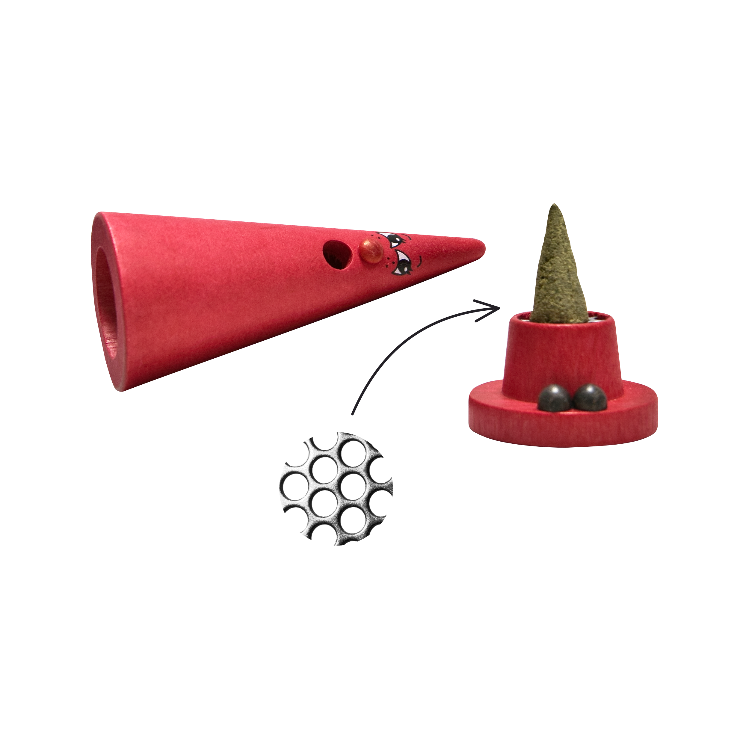 Das Ersatzlochblech für Crottendorfer Mini-Ziegenbeine von Original Crottendorfer Räucherkerzen ist ein roter, kegelförmiger Halter (15 mm Durchmesser) mit Loch, zwei Metallkugeln, Räucherkegel-Demo und sichtbarem Rundrost. Kein Kinderspielzeug.