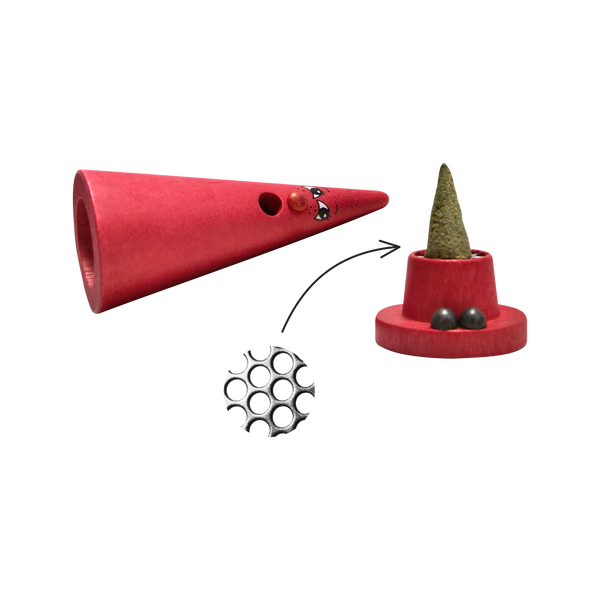 Das Ersatzlochblech für Crottendorfer Mini-Ziegenbeine von Original Crottendorfer Räucherkerzen ist ein roter, kegelförmiger Halter (15 mm Durchmesser) mit Loch, zwei Metallkugeln, Räucherkegel-Demo und sichtbarem Rundrost. Kein Kinderspielzeug.
