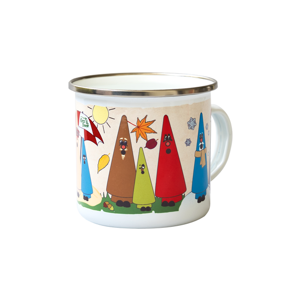 Emailletasse "Ziegenbein-Familie", Zeichnung Herbst: Ziegenbein Addi Advent, Susi Sandel & Mini Ziegenbein Wilma Waldmoos
