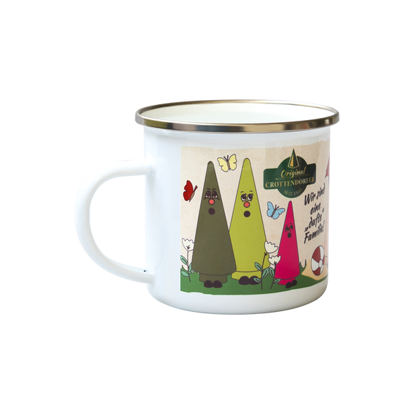 Emailletasse "Ziegenbein-Familie", Zeichnung Frühling: Ziegenbein Tina Tanne, Mila Melisse & Mini Ziegenbein Romy Rose