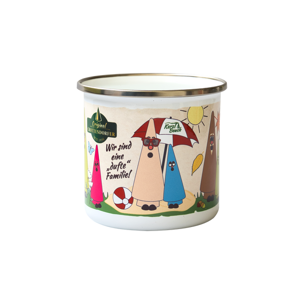 Emailletasse "Ziegenbein-Familie", Zeichnung Sommer: Ziegenbein Heidi Honig & Mini Ziegenbein Lea Lavendel