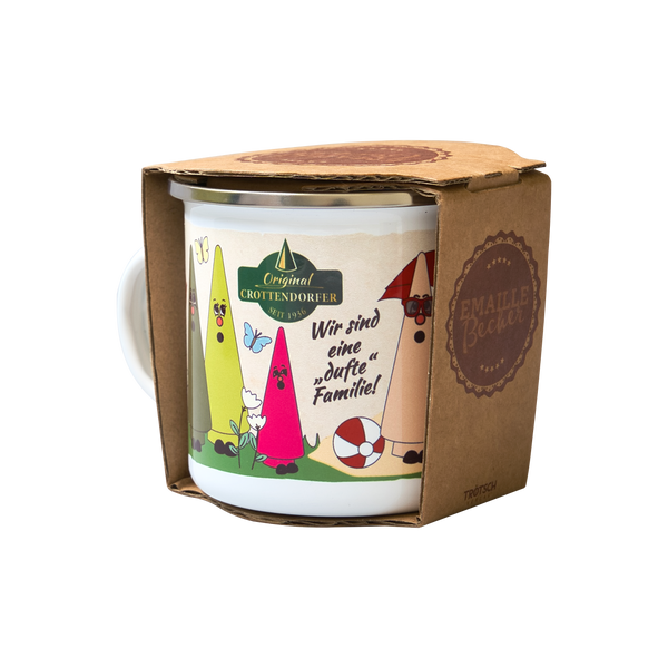 Emailletasse "Ziegenbein-Familie" in Kartonage/Verpackung
