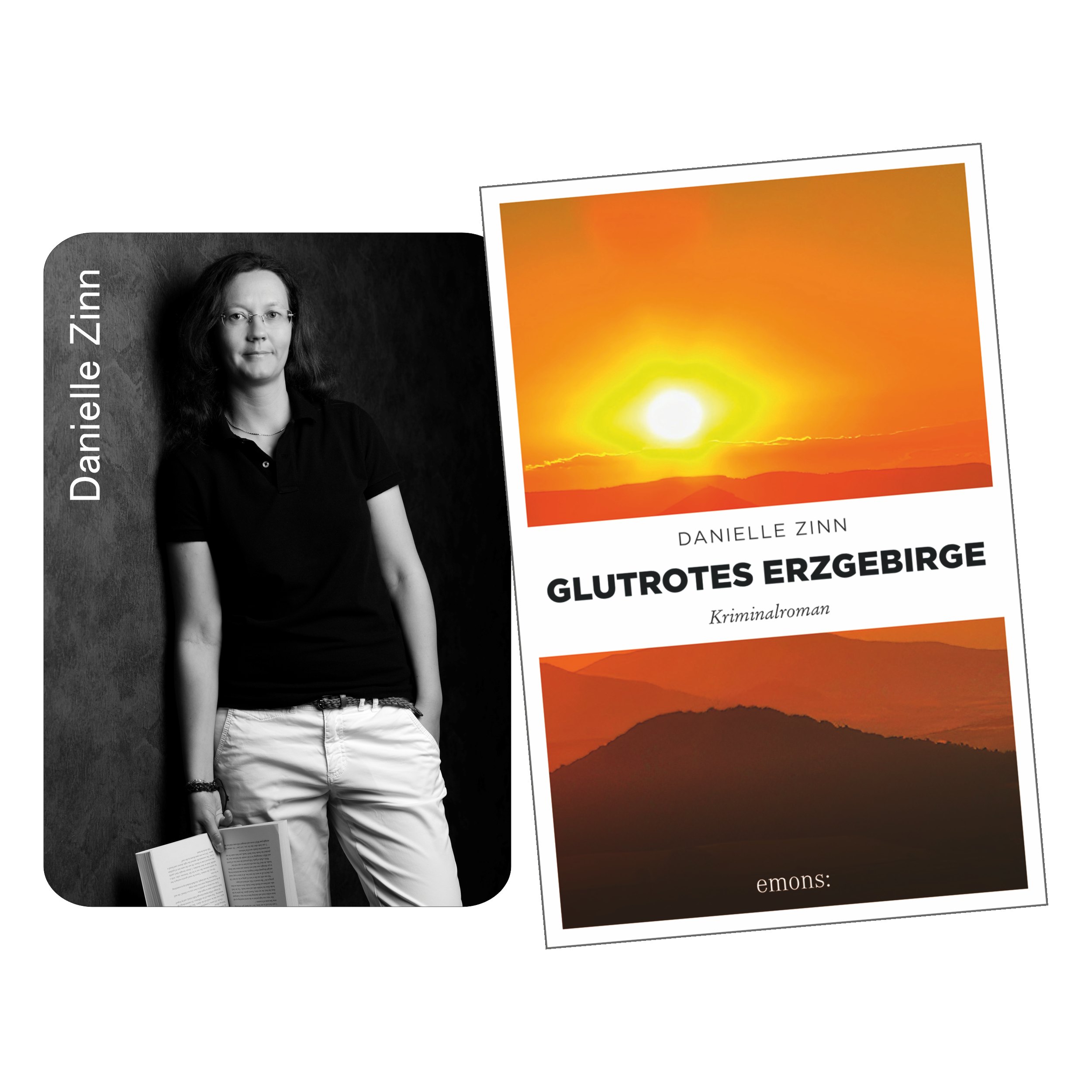 Schwarz-Weiß-Foto von Danielle Zinn mit einem Buch in der Hand, neben dem Cover der Ticket-Romanlesung „Glutrotes Erzgebirge“ von Original Crottendorfer, mit Sonnenuntergang über den Crottendorfer Bergen. Lesungen: 31.05.25 und 23.08.25, jeweils um 14 Uhr.