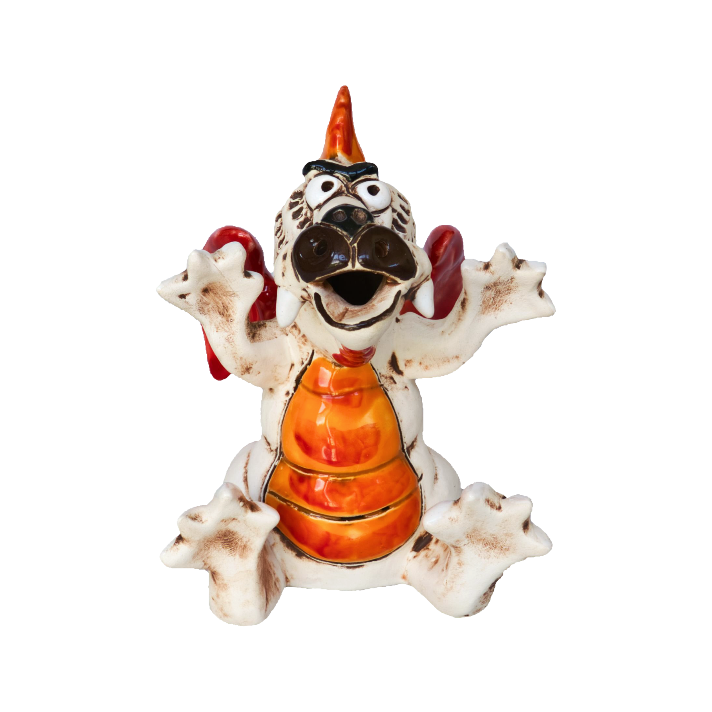 KU Drache BOOH! von Kurilin DECO ist eine Keramikfigur mit verspieltem Gesichtsausdruck, orangefarbenem und rotem Körper, erhobenen Armen und großen Augen.