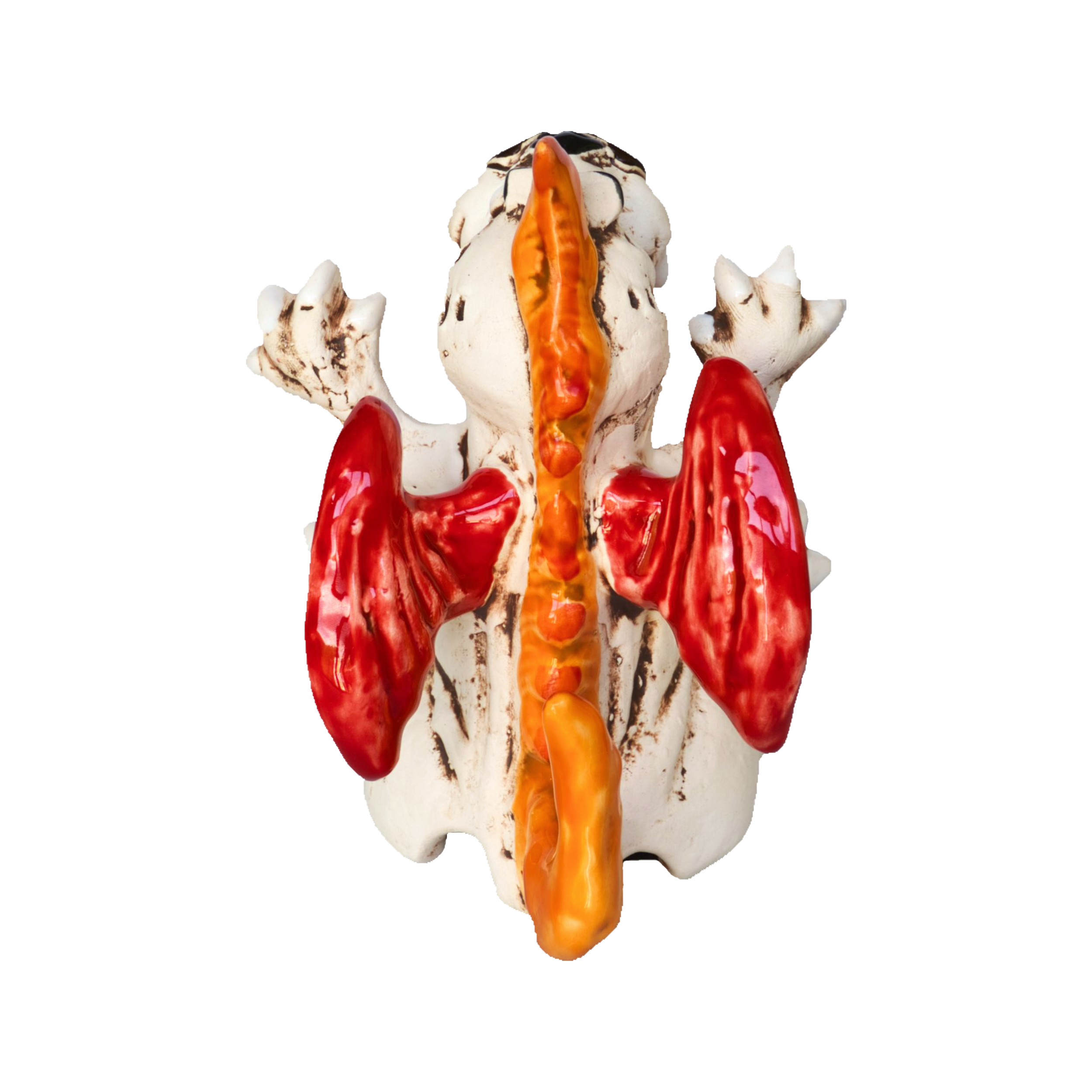Das Bild zeigt den KU Drache BOOH! von Kurilin DECO und stellt ein anatomisches Modell eines Frosches ohne Rücken dar. Dadurch kommen leuchtend gefärbte innere Organe wie rote Lungen und eine orangefarbene Wirbelsäule vor einem schwarzen Hintergrund zum Vorschein, was an ein mystisches Räucherwerk im Inneren eines Keramikdrachen erinnert.