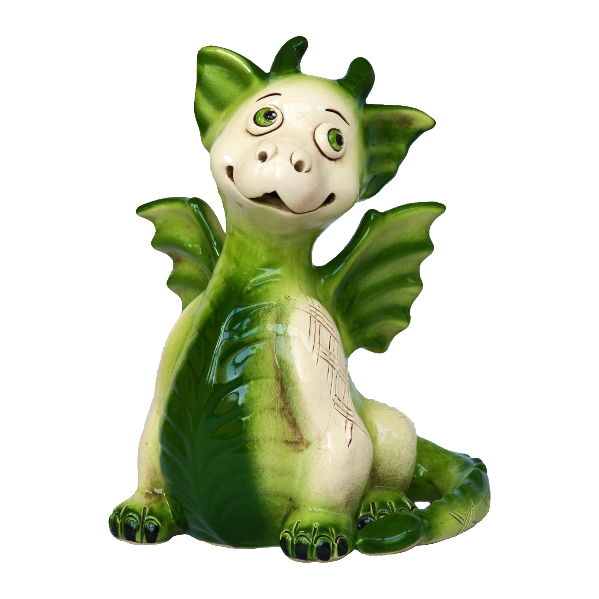 Der KU Drache Grün von Kurilin DECO ist eine skurrile Keramikfigur, die in Handarbeit in der Ukraine hergestellt wird. Sie zeigt einen kleinen grünen Drachen mit großen Augen, einem verspielten Gesichtsausdruck, zwei kleinen Flügeln und einem gewundenen Schwanz in verschiedenen hellen und dunklen Grüntönen.