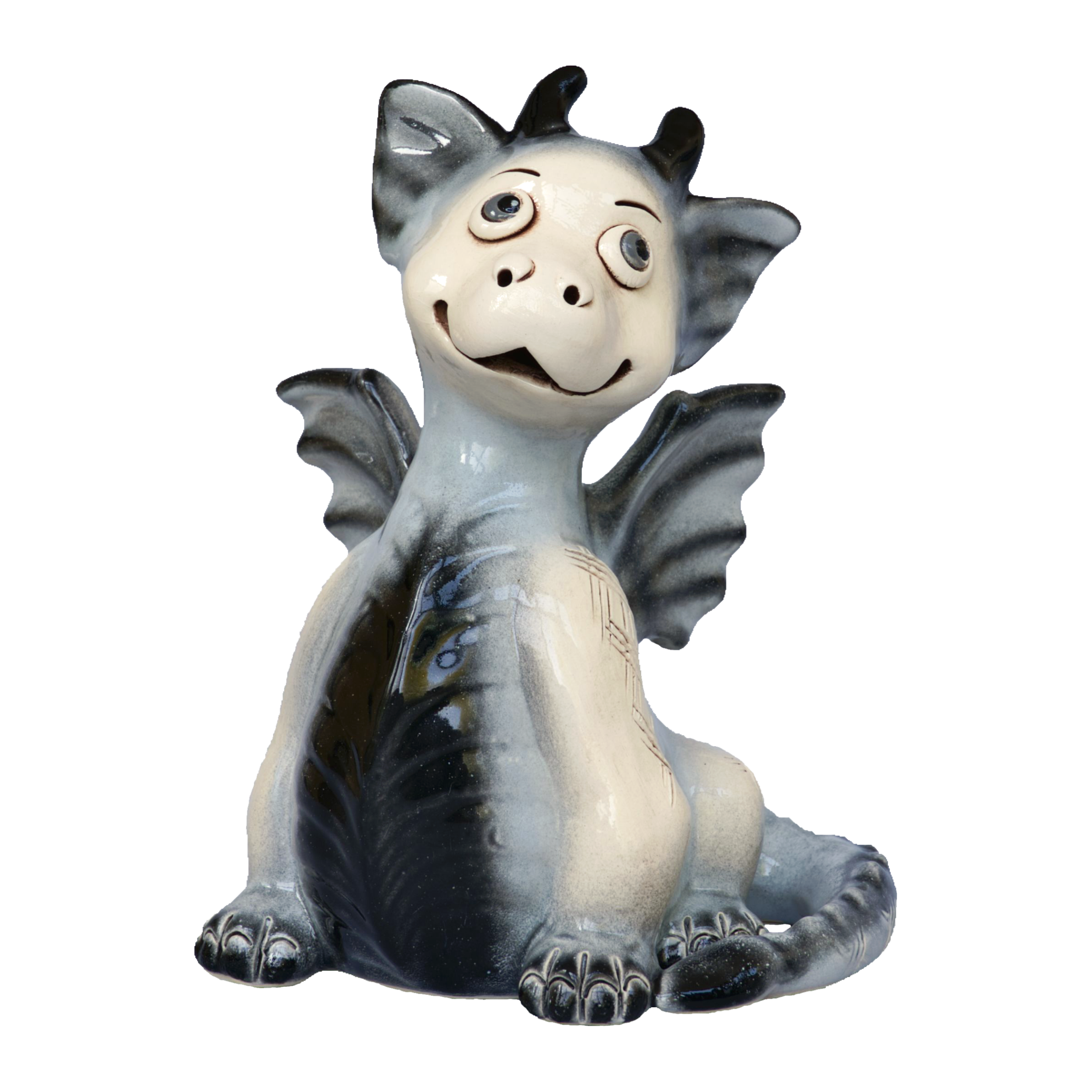 Der KU Drache Schwarz von Kurilin DECO, handgefertigt in der Ukraine, ist ein skurriler Keramikdrache mit großen Augen, kleinen Hörnern und Flügeln. Seine melierten blauen, weißen und grauen Farbtöne verstärken seinen verspielten Charme, wenn er auf seinen Hinterbeinen sitzt und jedem Raum eine magische Note verleiht.