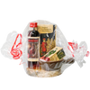 Das Geschenkset Grubenfeuer von Original Crottendorfer ist in transparenter Zellophanfolie mit roter Schleife verpackt und beinhaltet Kräuterbitter mit rotem Etikett, eine festliche Schachtel mit Weihnachtsbaum- und Weihnachtsmannmotiven, eine rechteckige Schachtel und eine flache braune Schale auf rundem Holzsockel. Ideal für Traditionsliebhaber.
