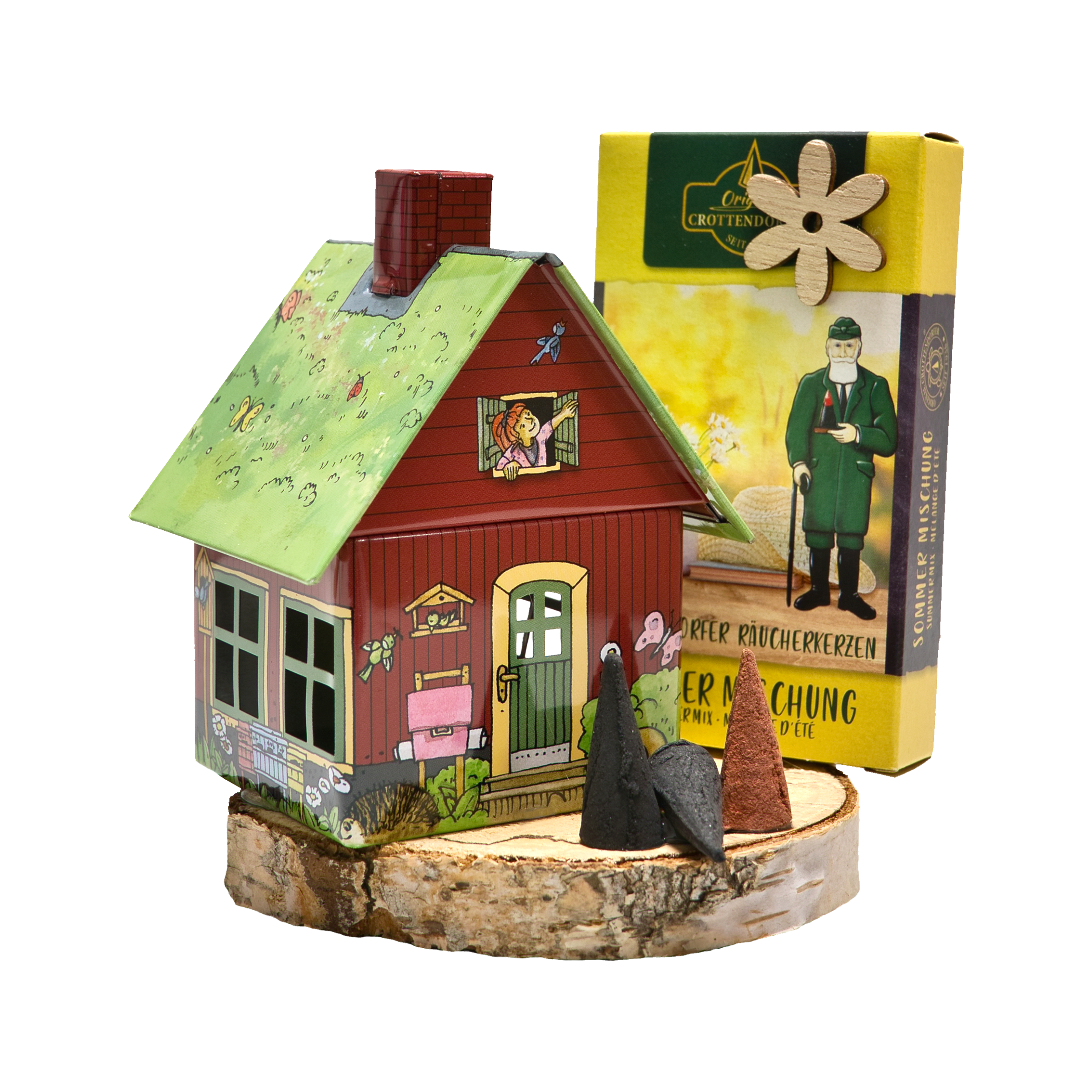 Ein Original Crottendorfer Räucherkerzen-Geschenkset enthält ein farbenfrohes Räucherhäuschen mit roter Außenseite und grünem Dach auf einem Holzsockel mit Abbildungen von Menschen und Tieren sowie eine gelbe Schachtel mit drei konischen Räucherkerzen.