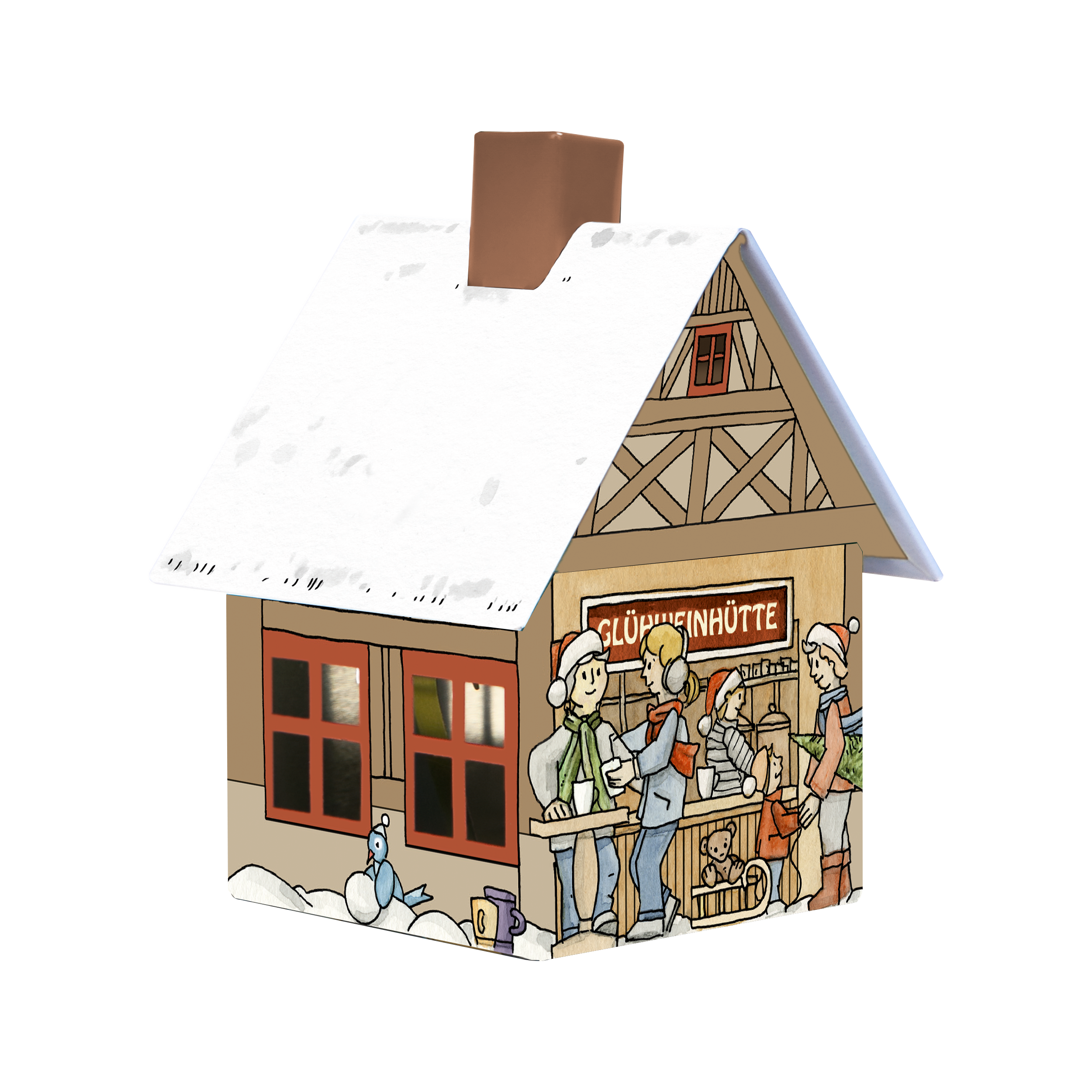 Die Räucherhäuschen-Glühweinhütte von Original Crottendorfer Räucherkerzen ist ein bezauberndes, illustriertes Haus mit einem schneebedeckten Dach, festlichen Figuren, einem Schneemann, metallischen Details und einer Tasse neben der Tür – perfekt, um eine weihnachtliche Atmosphäre zu schaffen.