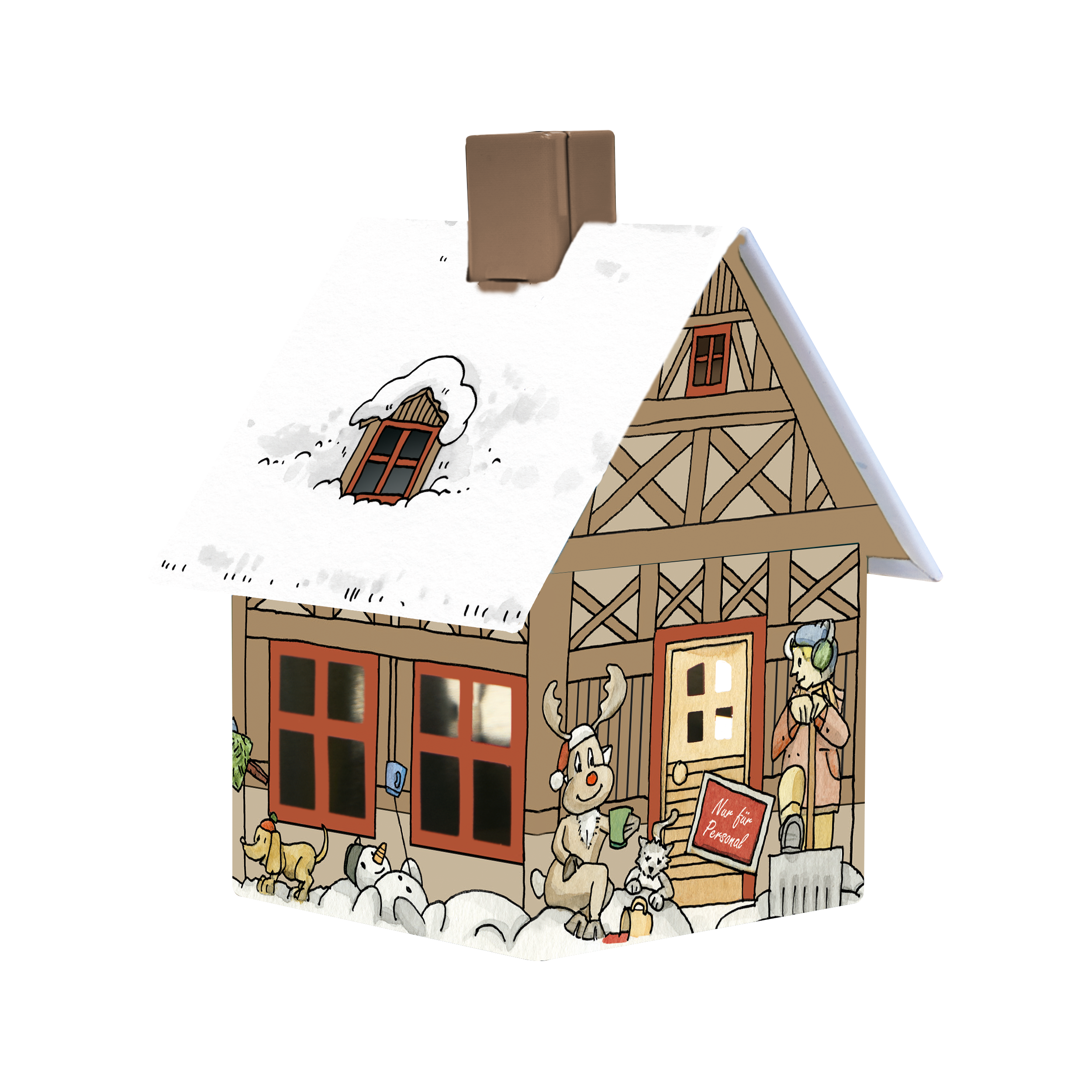 Die Räucherhäuschen-Glühweinhütte von Original Crottendorfer Räucherkerzen ist ein kleines, illustriertes Haus mit schneebedecktem Dach, auf dem Tiere abgebildet sind und eine Person in Winterkleidung mit einem Radio in der Hand. Es ist mit Holzdetails und einem „Besetzt“-Schild versehen.