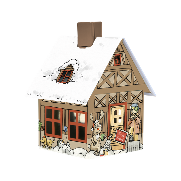 Die Räucherhäuschen-Glühweinhütte von Original Crottendorfer Räucherkerzen ist ein kleines, illustriertes Haus mit schneebedecktem Dach, auf dem Tiere abgebildet sind und eine Person in Winterkleidung mit einem Radio in der Hand. Es ist mit Holzdetails und einem „Besetzt“-Schild versehen.