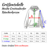 Exklusive Größentabelle für den Kapuzenpullover Hoodie Crottendorfer Räucherkerzen von Original Crottendorfer: Diagramm mit Breite (A), Länge (B), Ärmellänge (C); Größen S bis XXXL im Streetwear-Look.