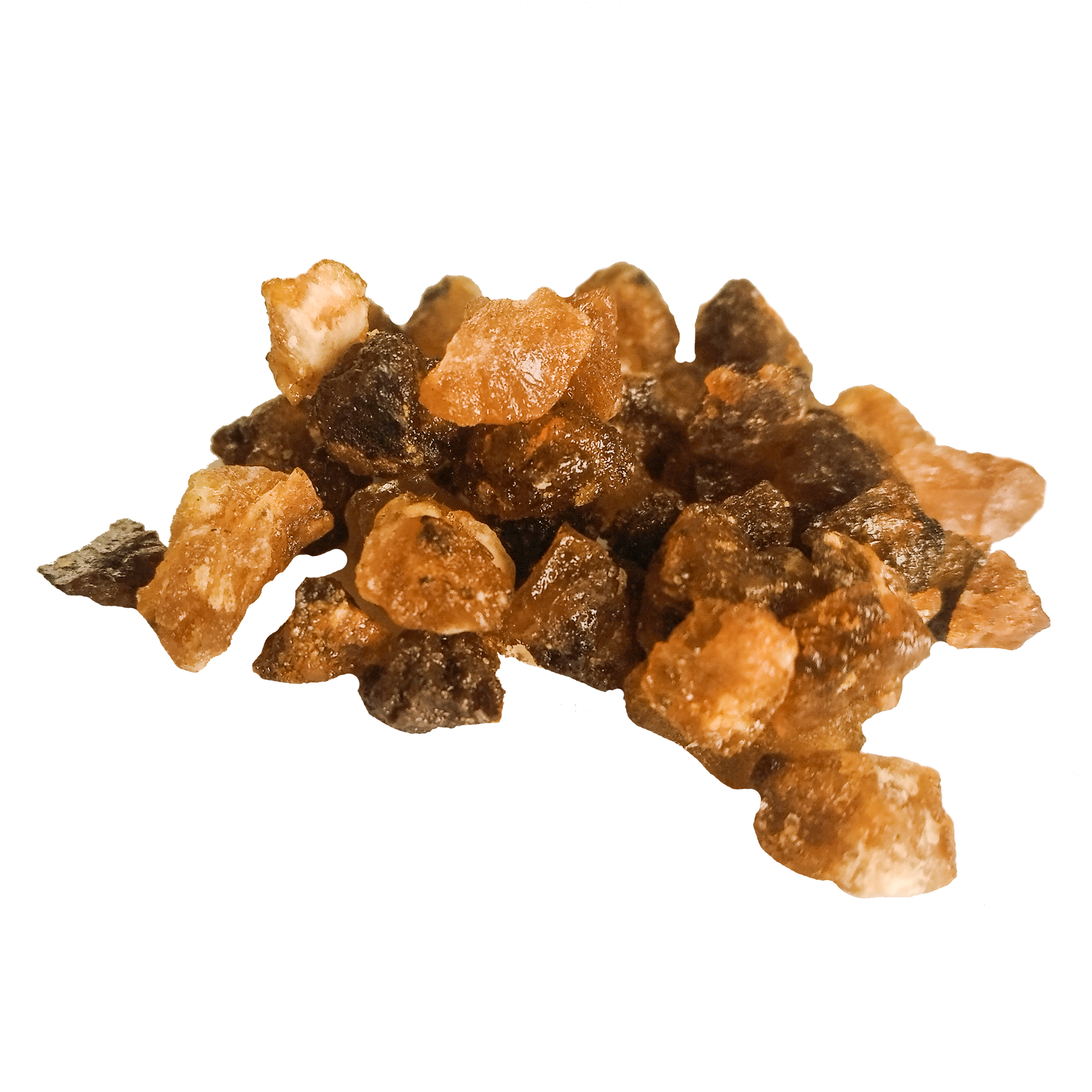 Ein kleiner Haufen bernsteinfarbenen Kristallzuckers, ähnlich dem Räucherharz Opoponax von Original Crottendorfer Räucherkerzen, ist auf einer glatten Fläche angeordnet.