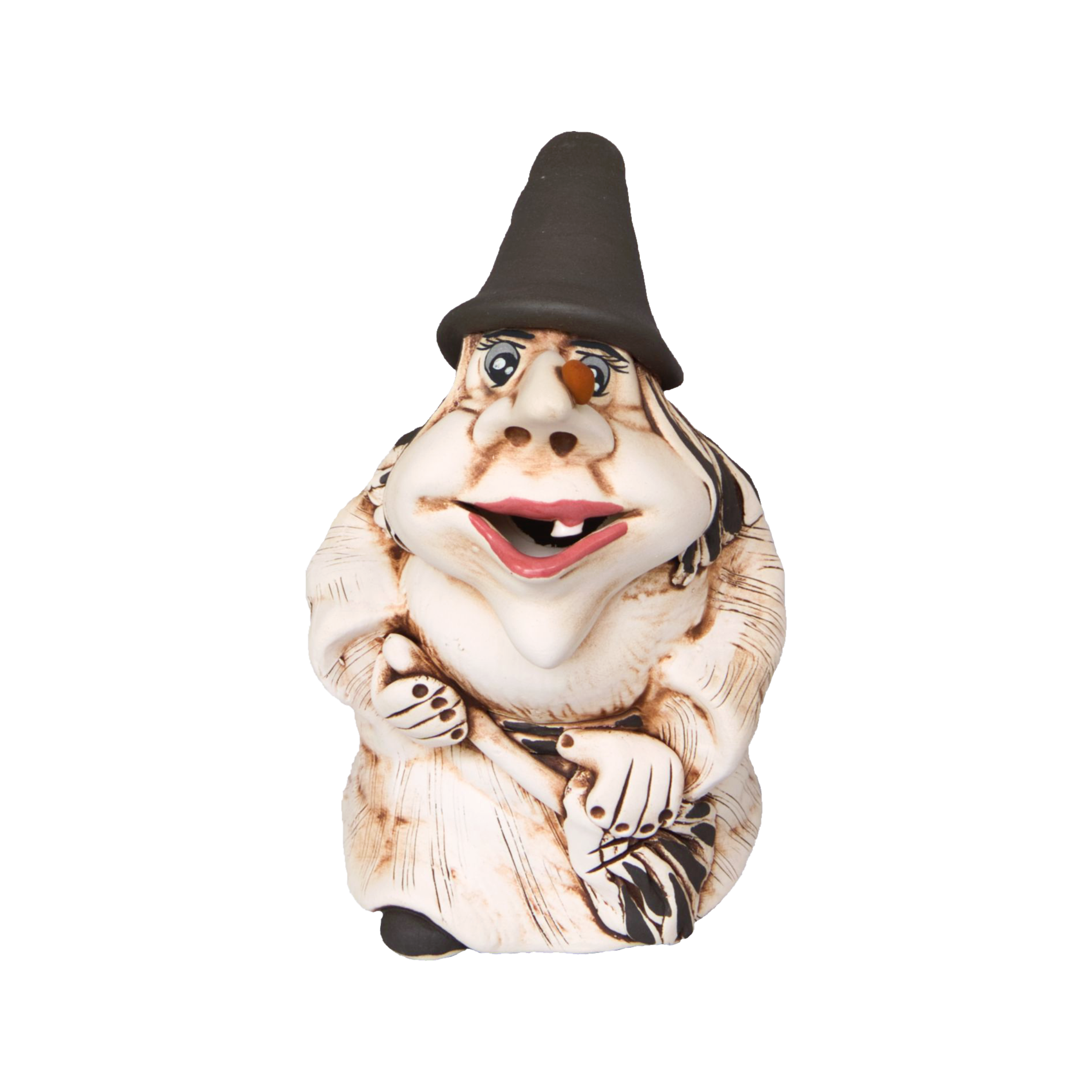Die KU Hexe „Baba Jaga“ von Kurilin DECO ist eine Keramikfigur einer skurrilen Räucherhexe. Sie verfügt über übertriebene Gesichtszüge, einen hohen schwarzen Hut, ein schiefes Lächeln und einen Besenstiel. Das cremefarbene Gewand mit braunen Akzenten macht sie ideal für jede Räuchergefäße-Sammlung.