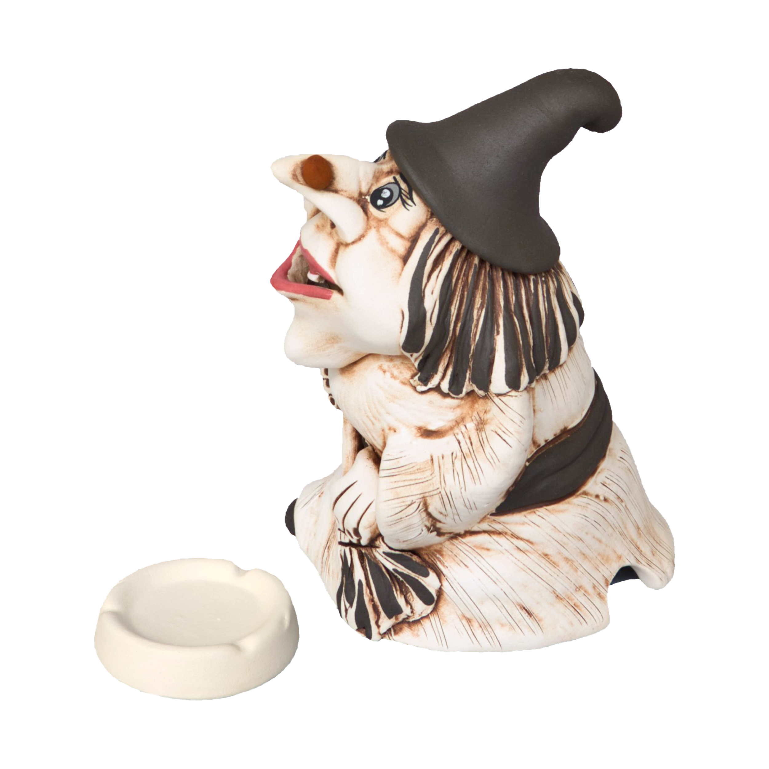 Die Kurilin DECO KU Hexe „Baba Jaga“ ist eine Keramikfigur mit spitzem Hut, langer Nase und offenem Mund. Sie weist detaillierte Gesichtszüge auf und hält einen Besen unter dem Arm, perfekt zum Präsentieren Ihrer Lieblings-Räucherkerze oder anderer Räuchergefäße in der runden Schale.