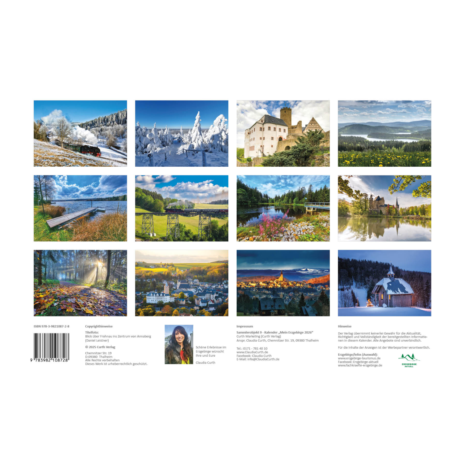 Ein Raster von zwölf Landschaftsaufnahmen zeigt verschneite Berge, Wälder, Schlösser und Dörfer im Curth Verlag Kalender