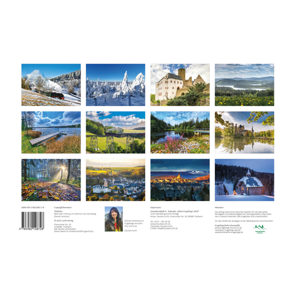 Ein Raster von zwölf Landschaftsaufnahmen zeigt verschneite Berge, Wälder, Schlösser und Dörfer im Curth Verlag Kalender "Mein Erzgebirge" 2026. Unterhalb der Bilder befinden sich Texte und ein Kopfbild für zusätzliche regionale Einblicke.
