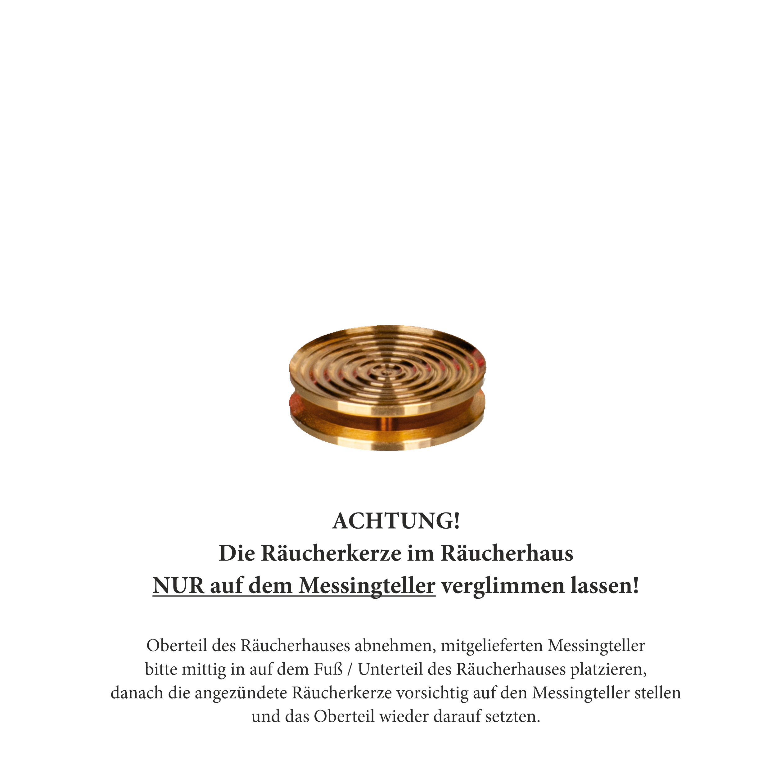 Auf schwarzem Untergrund befindet sich ein runder, goldener Weihrauchbrenner mit spiralförmigen Rillen von Original Crottendorfer, genannt „Räucherhaus Keramik Hühnerbein rot klein“. Eine deutsche Sicherheitsanleitung zur Verwendung des Brenners liegt bei.