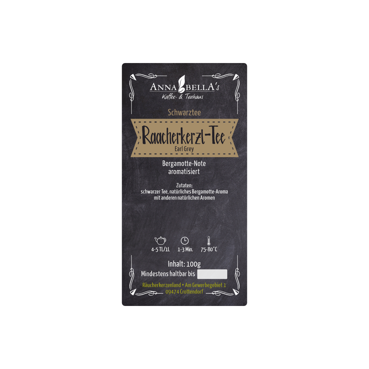 Der Schwarztee „Raacherkerzl-Tee“ von Original Crottendorfer ist ein herrlicher Schwarztee mit Bergamotte-Aroma in der 100g-Packung mit deutschem Text und Ziehanleitung, perfekt für Teeliebhaber, die ein klassisches Erlebnis suchen.