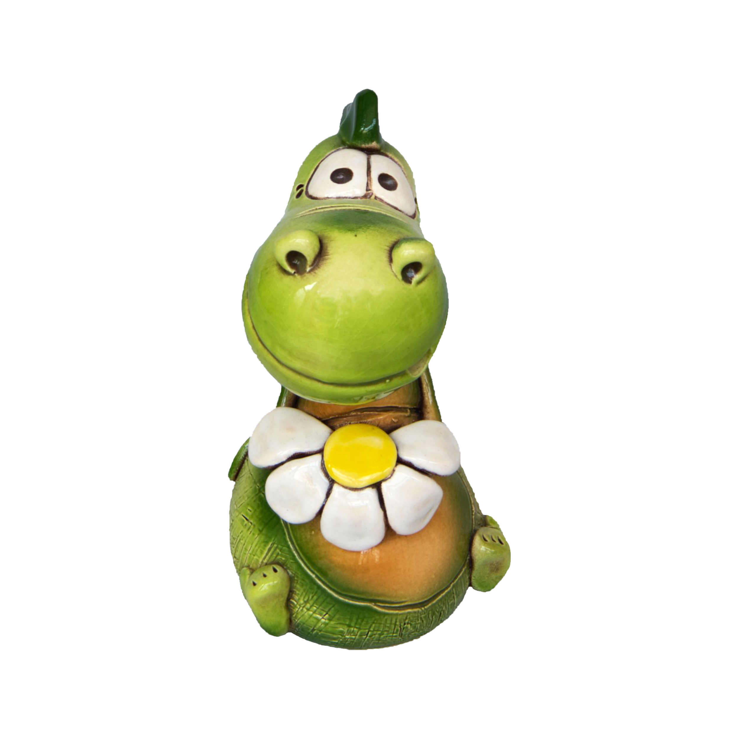 Der KU Räucherdrache mit Blume von Kurilin DECO ist eine niedliche grüne Keramikdrachenfigur mit großen Augen, die aufrecht sitzt und ein weiß-gelbes Gänseblümchen auf der Brust trägt. Dieses handgefertigte Stück hat einen freundlichen, verspielten Ausdruck.