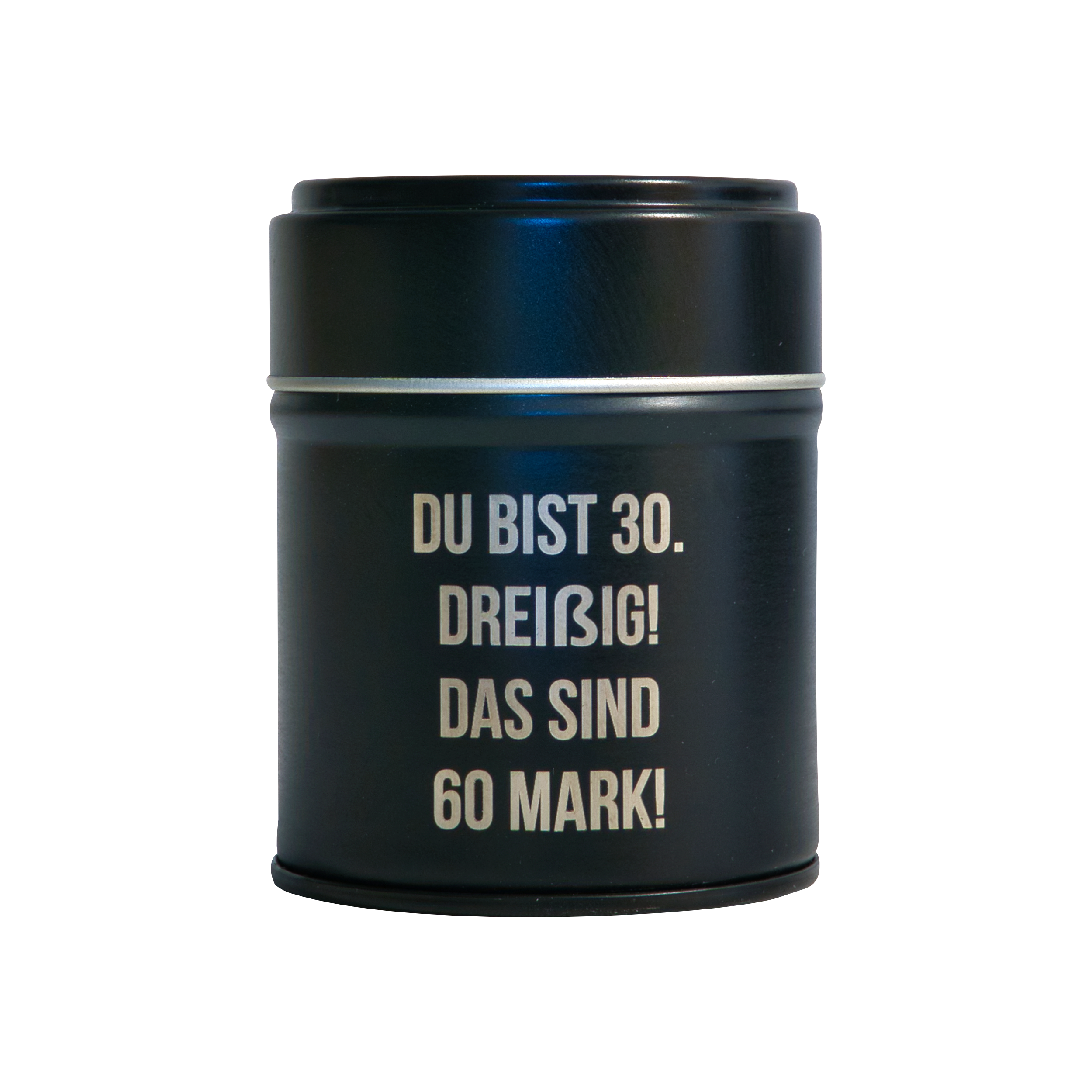 Das Räucherfass runder Geburtstag von Original Crottendorfer Räucherkerzen - eine schwarze Dose mit weißem Text
