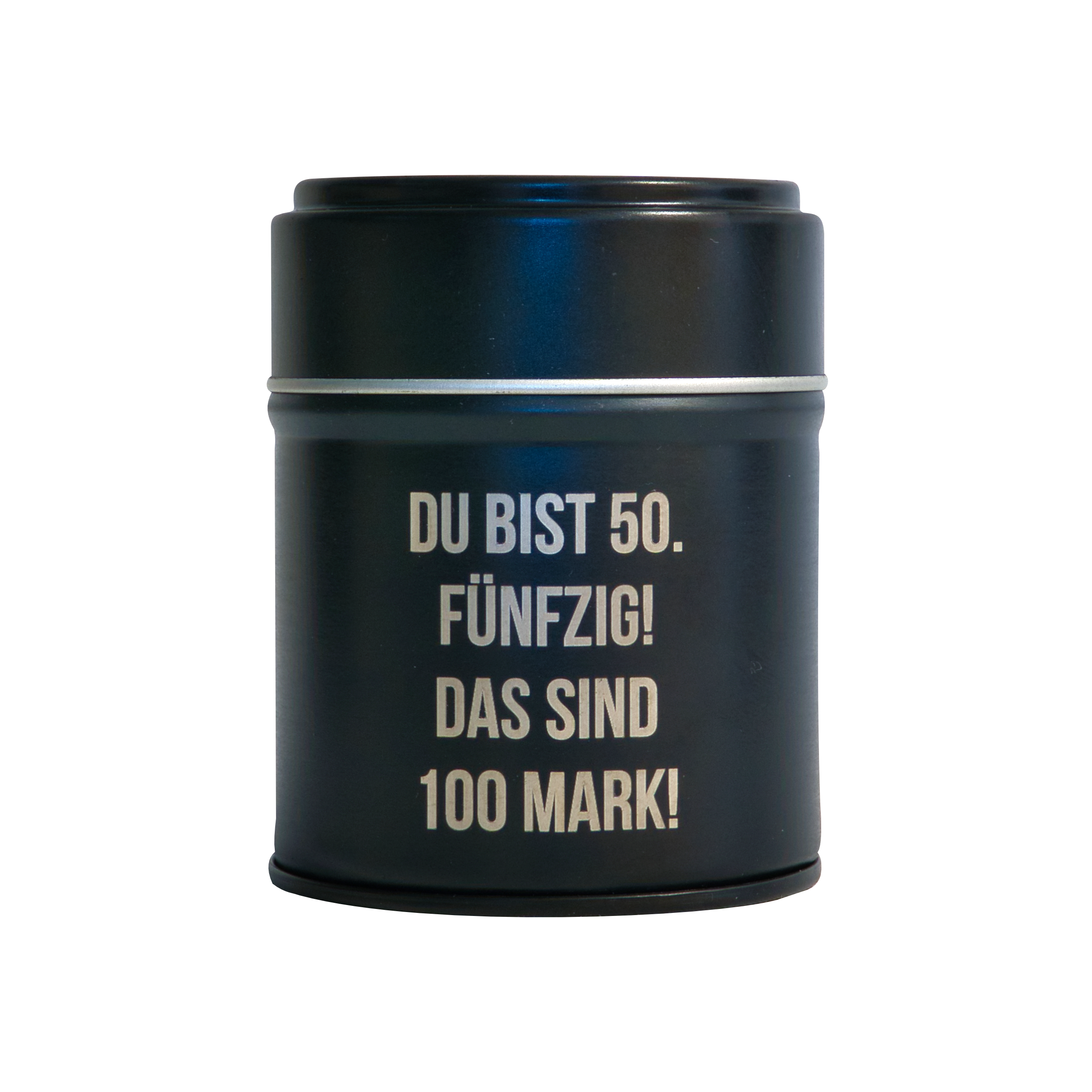 Das Räucherfass runder Geburtstag von Original Crottendorfer Räucherkerzen ist eine schwarze Dose mit fetter weißer Aufschrift - DU BIST 50. FÜNFZIG! DAS SIND 100 MARK!- ein perfektes, tragbares Geschenk für den Räuchergenuss zwischendurch.