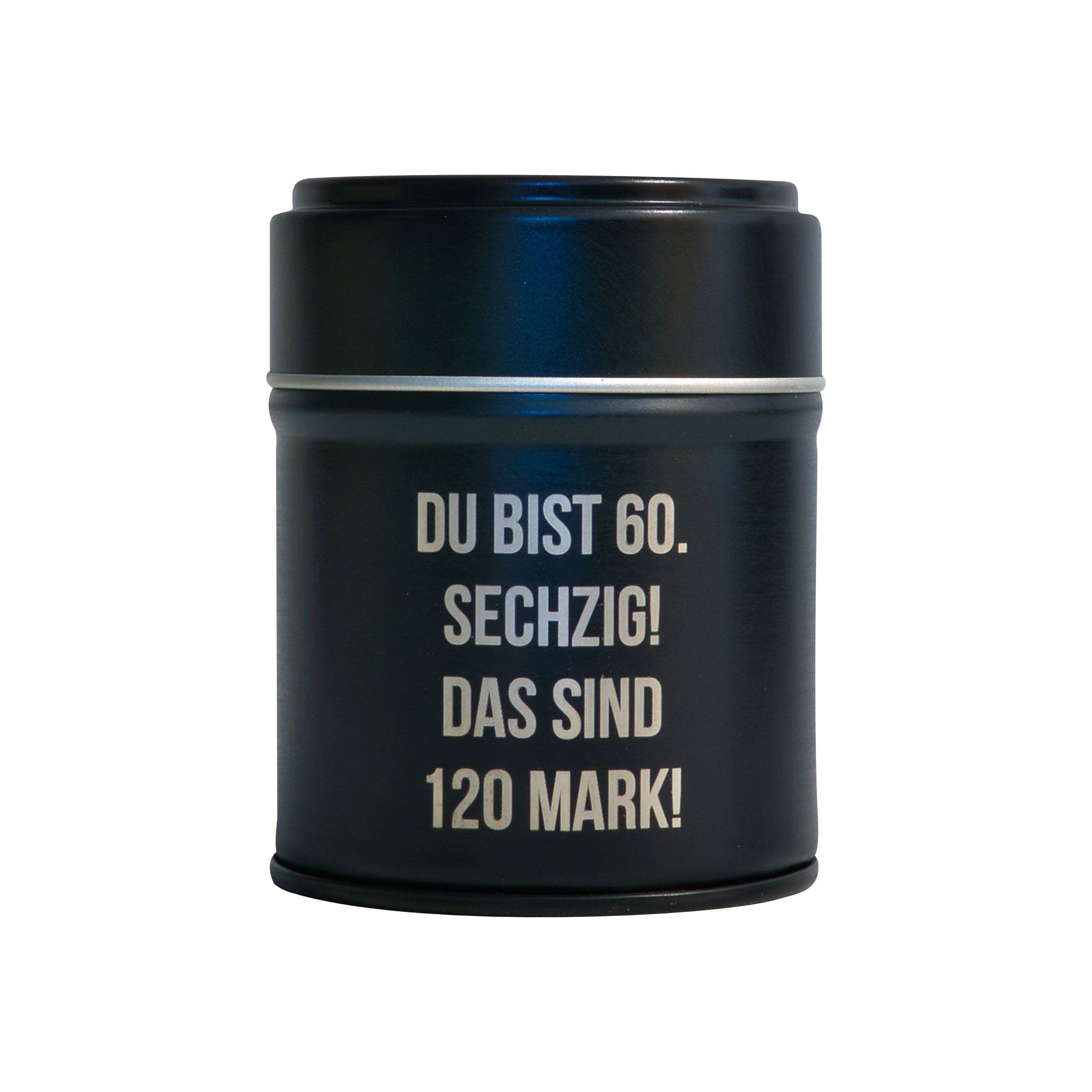 Das Räucherfass runder Geburtstag von Original Crottendorfer Räucherkerzen ist eine schwarze zylindrische Dose mit weißem Text, ideal als tragbarer Räucherkerzenhalter für unterwegs.